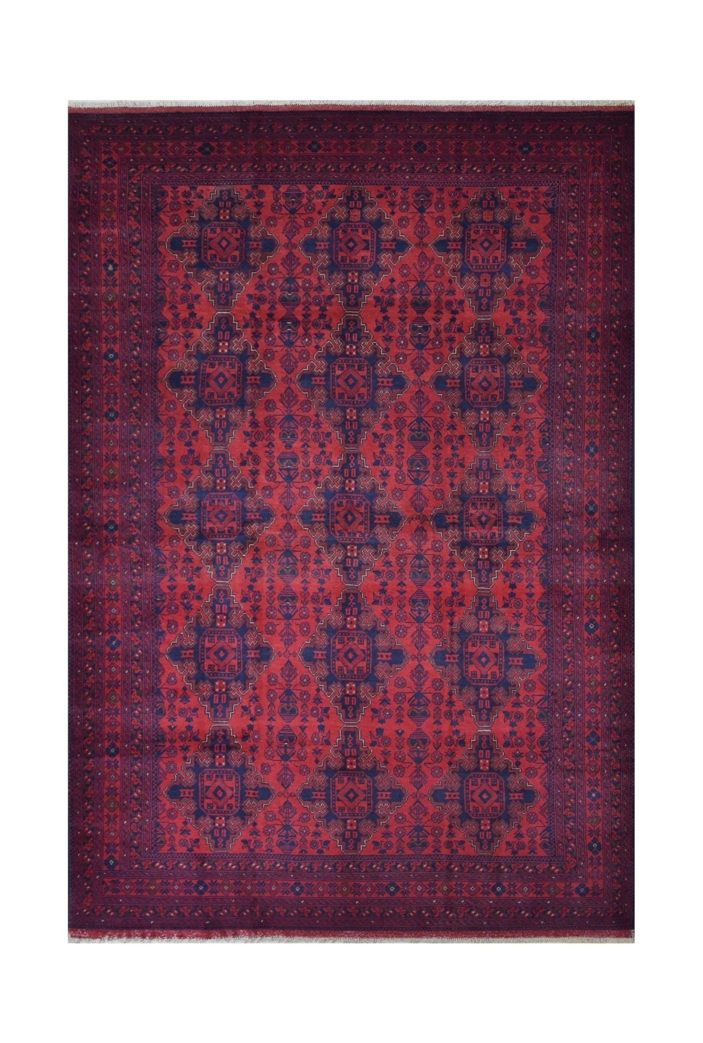 Handmade Afghan Khal Mohammadi wool rug featuring a geometric pattern in deep red and blue tones.