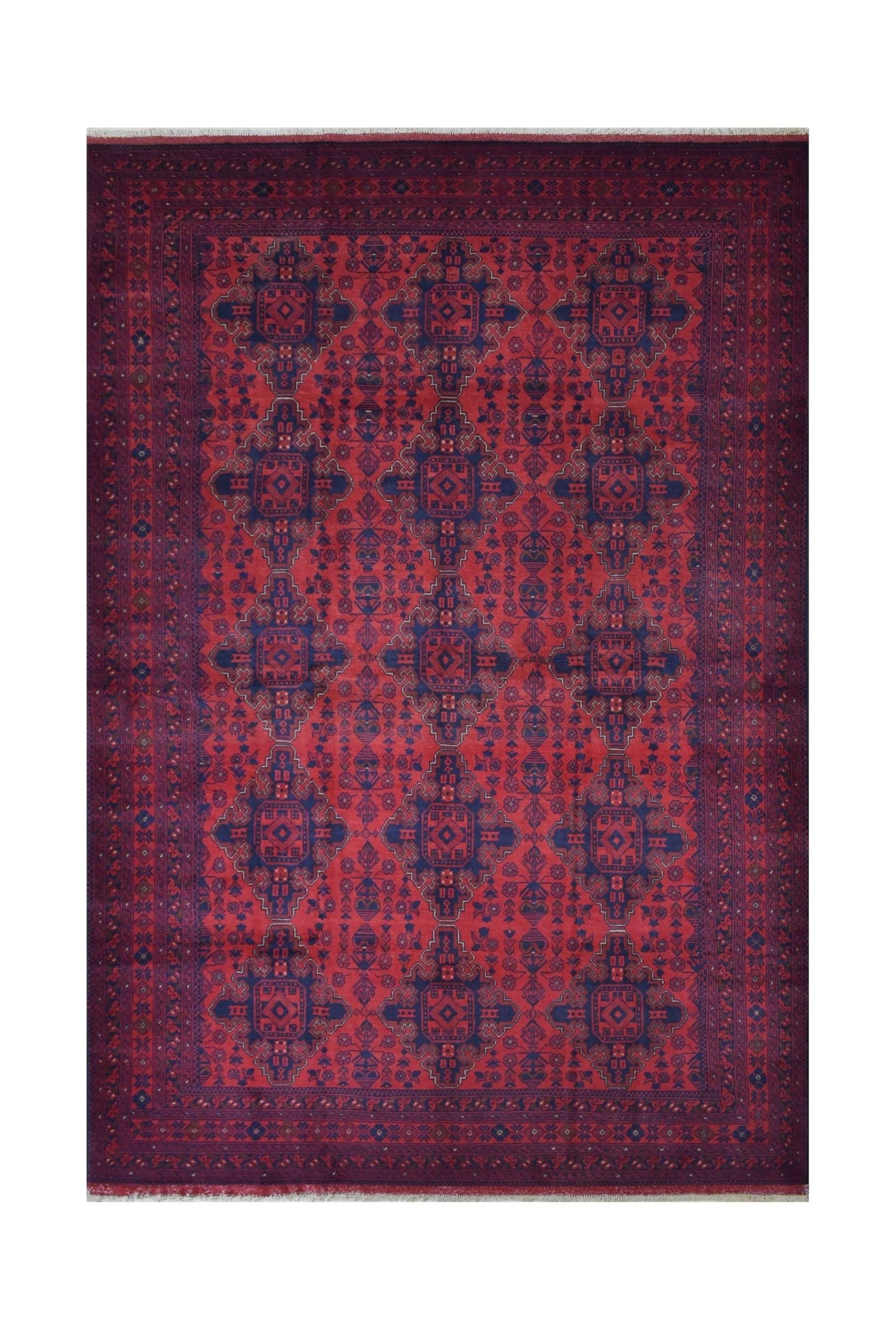 Handmade Afghan Khal Mohammadi wool rug featuring a geometric pattern in deep red and blue tones.