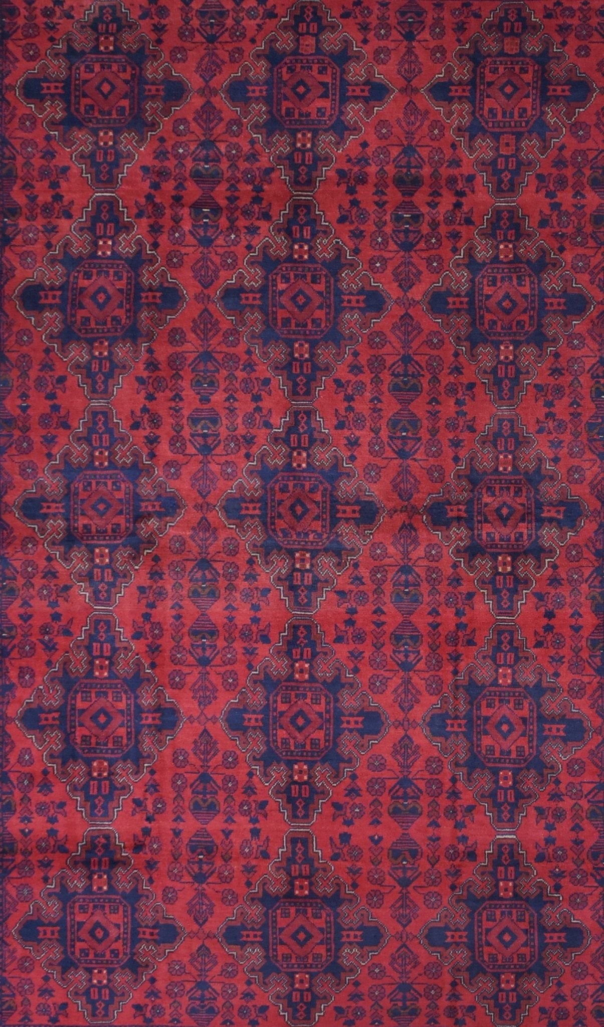 Handmade Afghan Khal Mohammadi wool rug featuring a repeating geometric pattern in red and blue.