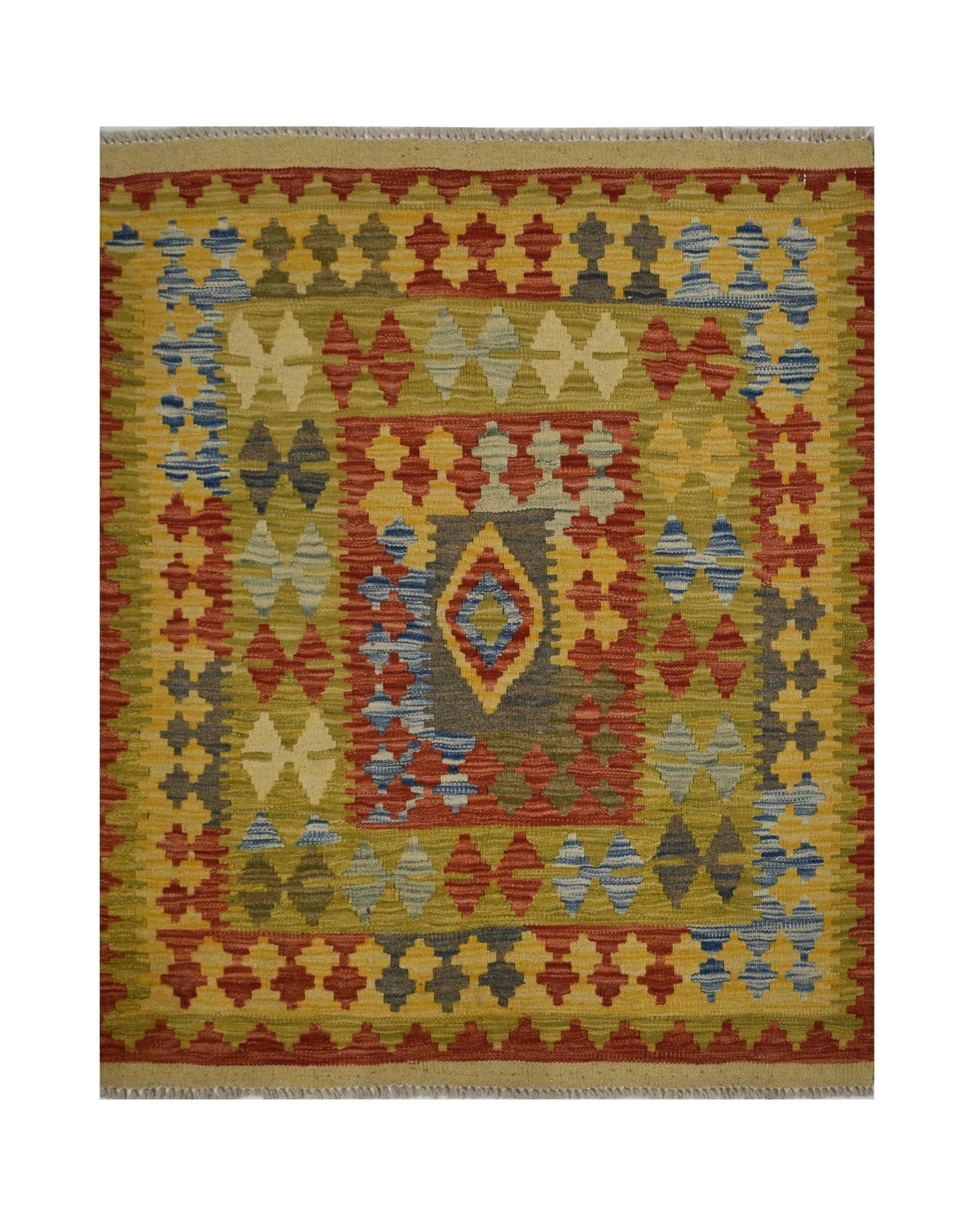 Handmade Afghan Maimana kilim rug featuring a geometric pattern in red, yellow, blue, and grey.