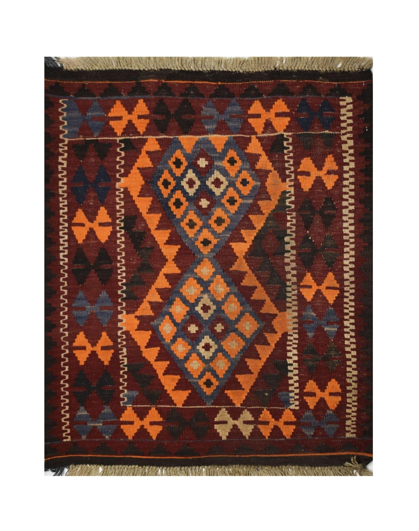 Handmade Afghan Maimana kilim rug featuring a geometric diamond pattern in orange, blue, and brown.