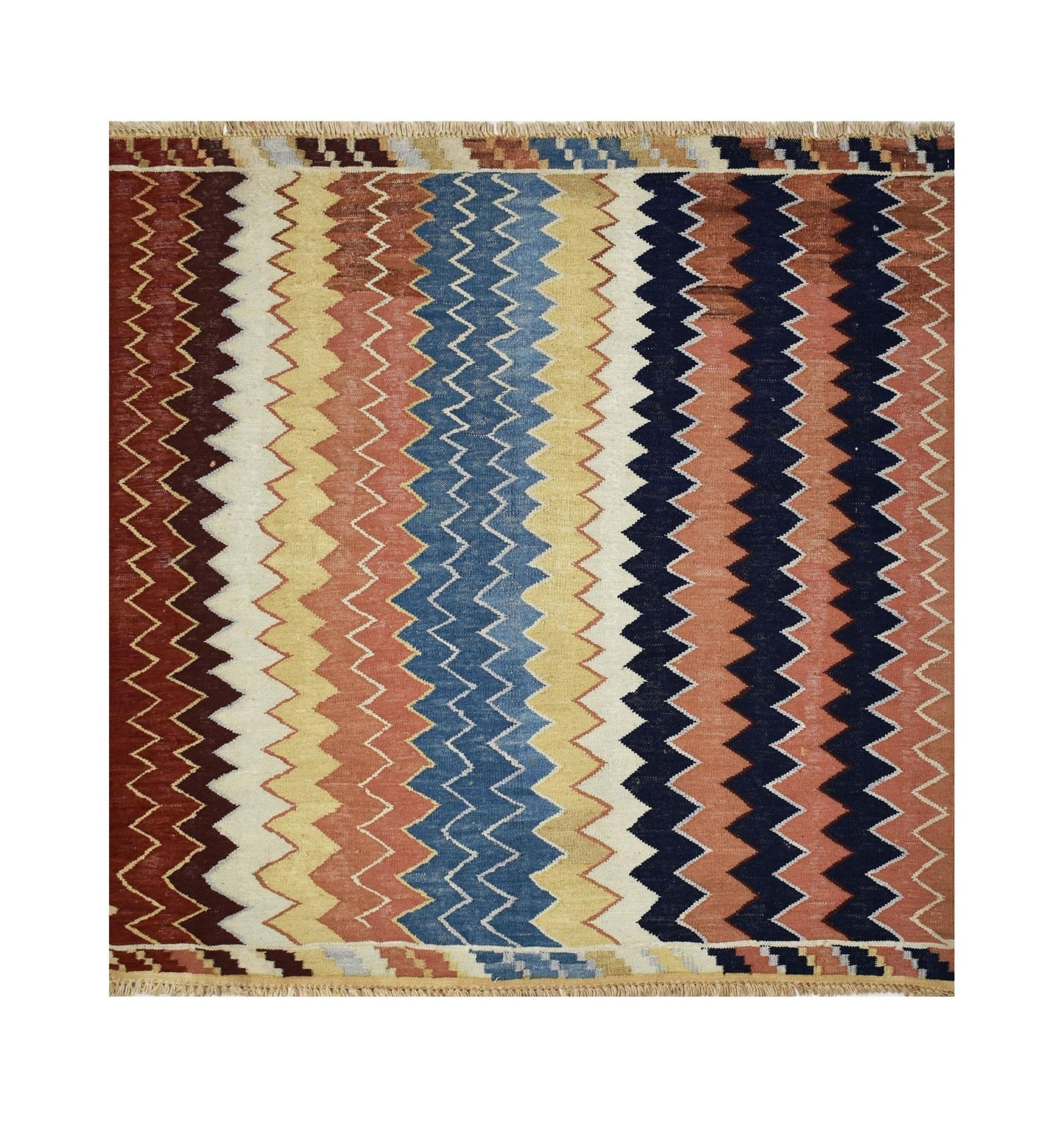 Handmade Afghan Maimana kilim rug featuring a vibrant, vertical zigzag pattern in multi-colored wool.