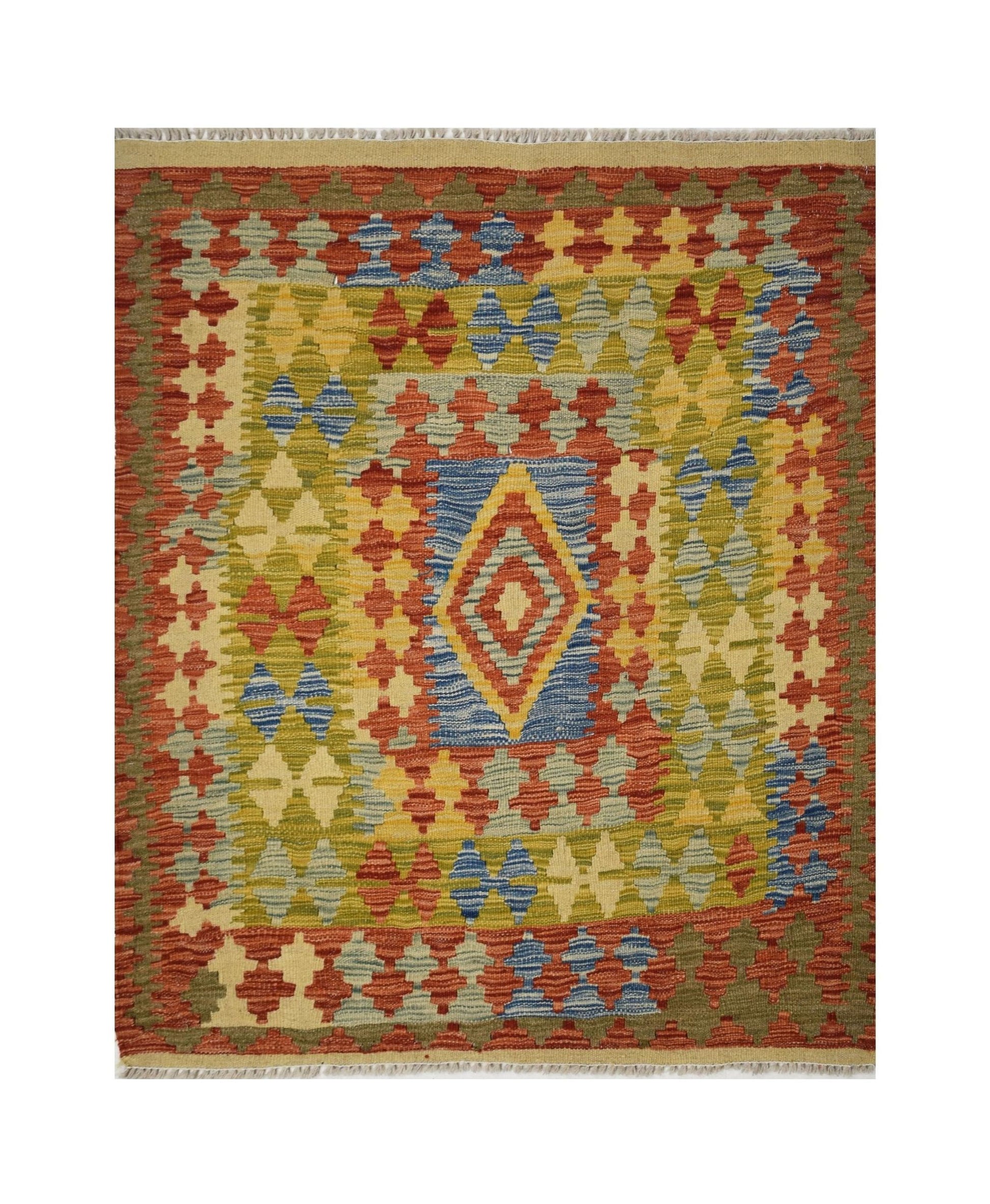Handmade Afghan Maimana kilim rug featuring a geometric diamond pattern in vibrant wool colors.