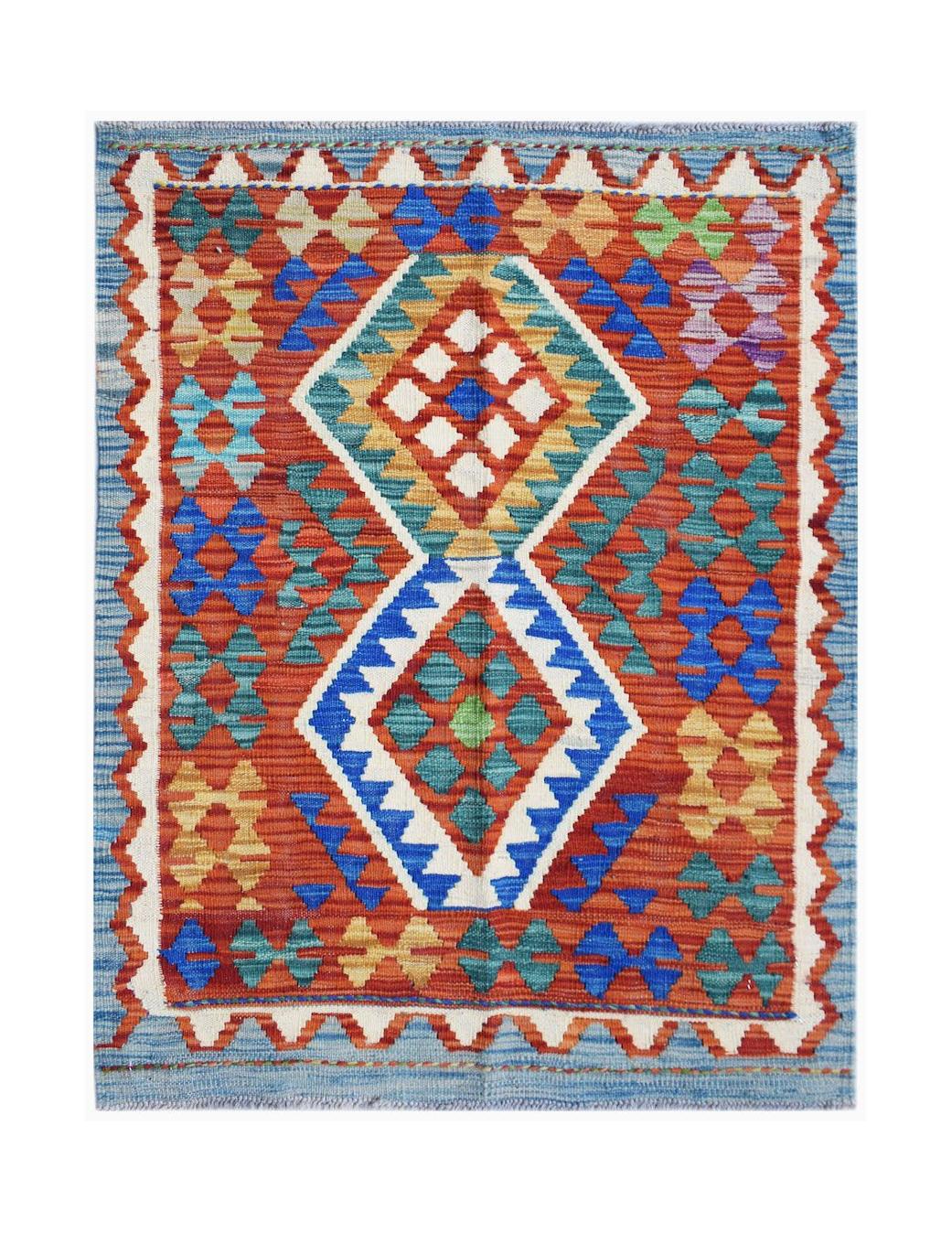 Handwoven Afghan Maimana kilim rug featuring a geometric diamond pattern in vibrant colors.