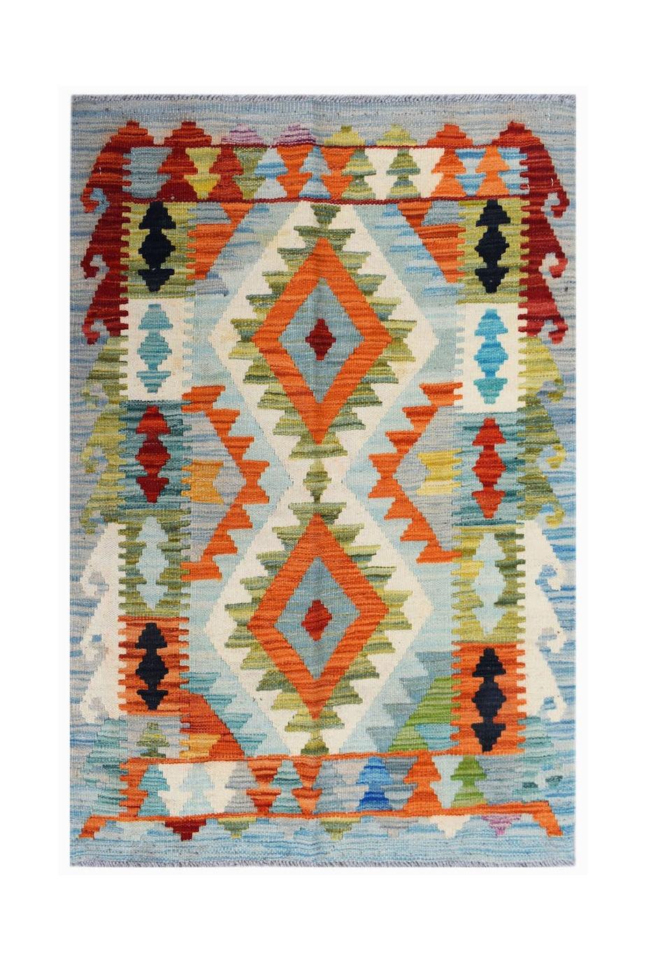 Handwoven Afghan Maimana kilim rug featuring a vibrant geometric diamond pattern in wool.