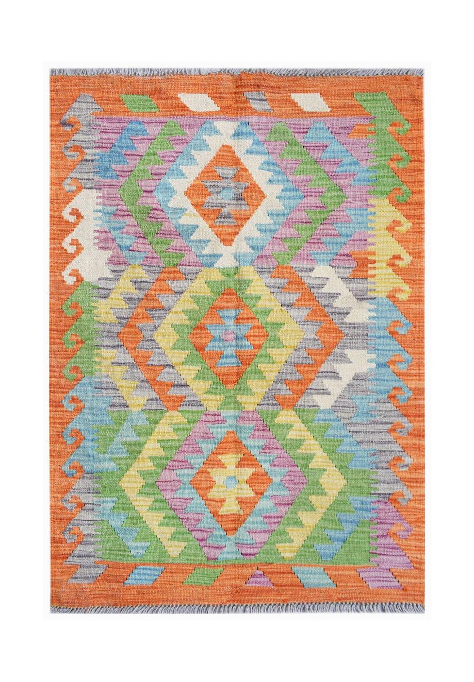 Handwoven Afghan Maimana kilim rug featuring a vibrant geometric pattern in multi-colored wool.