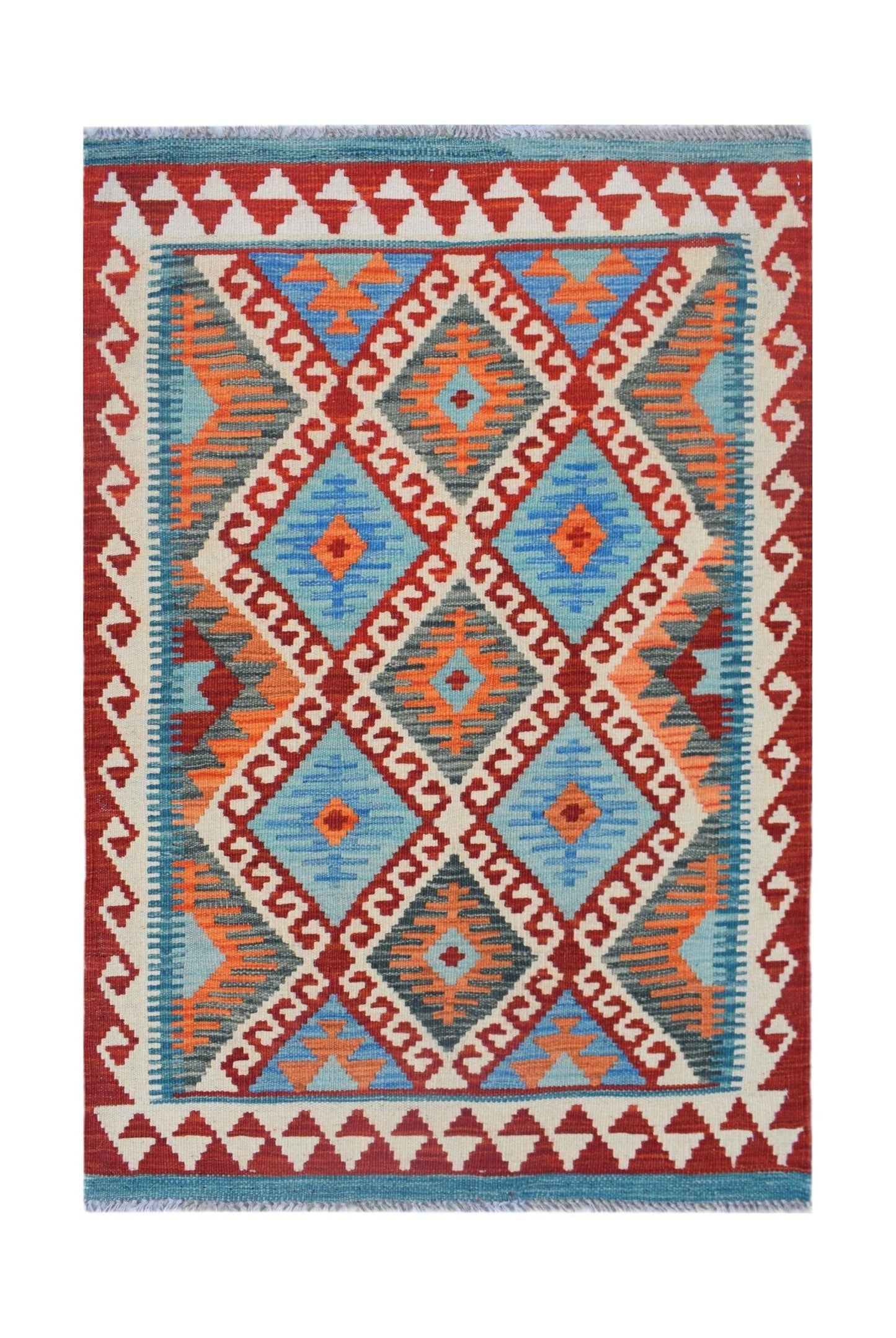 Handwoven Afghan Maimana kilim rug featuring a geometric diamond pattern in red, blue, and orange.
