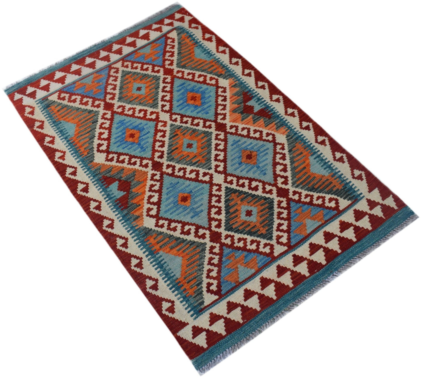 Handwoven Afghan Maimana kilim rug featuring a geometric diamond pattern in red, blue, and orange.