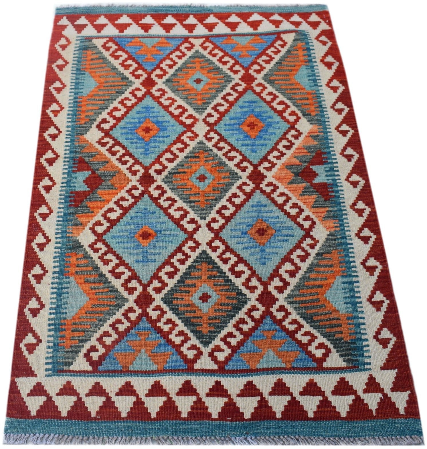 Handwoven Afghan Maimana kilim rug featuring a geometric diamond pattern in blue, orange, and red.