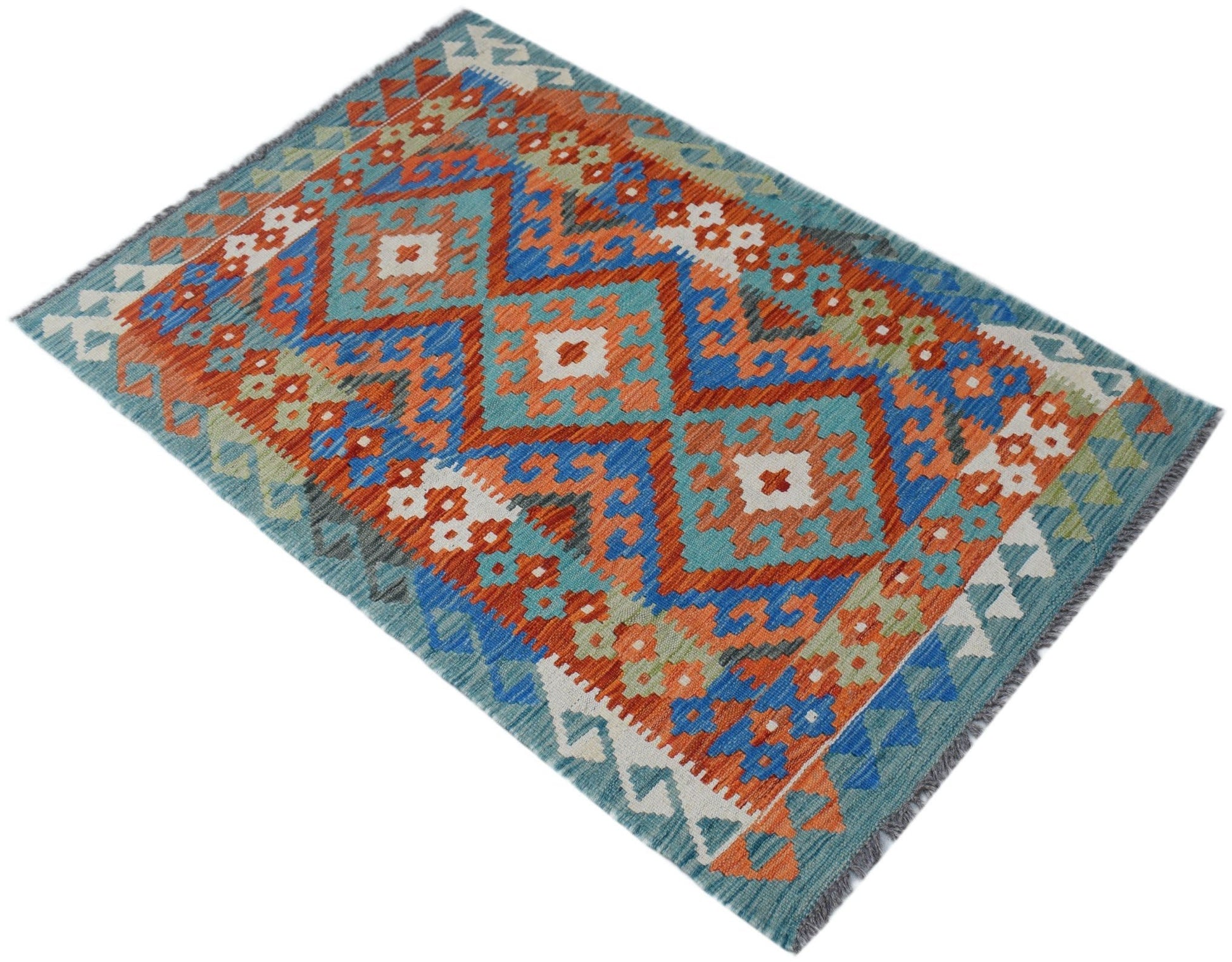 Handwoven Afghan Maimana kilim rug featuring a geometric diamond pattern in blue, orange, and cream.