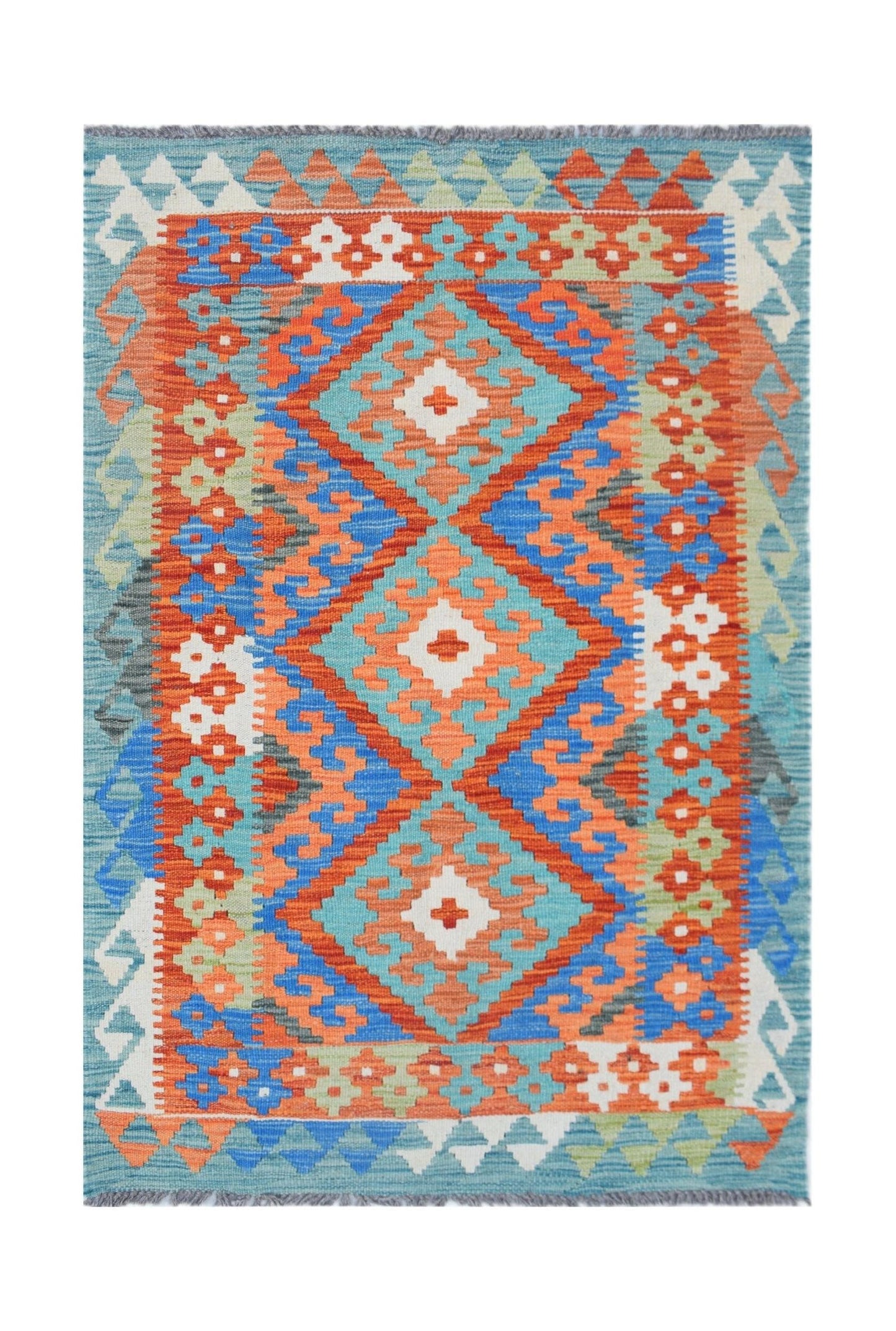Handwoven Afghan Maimana kilim rug featuring a vibrant geometric diamond pattern in wool.