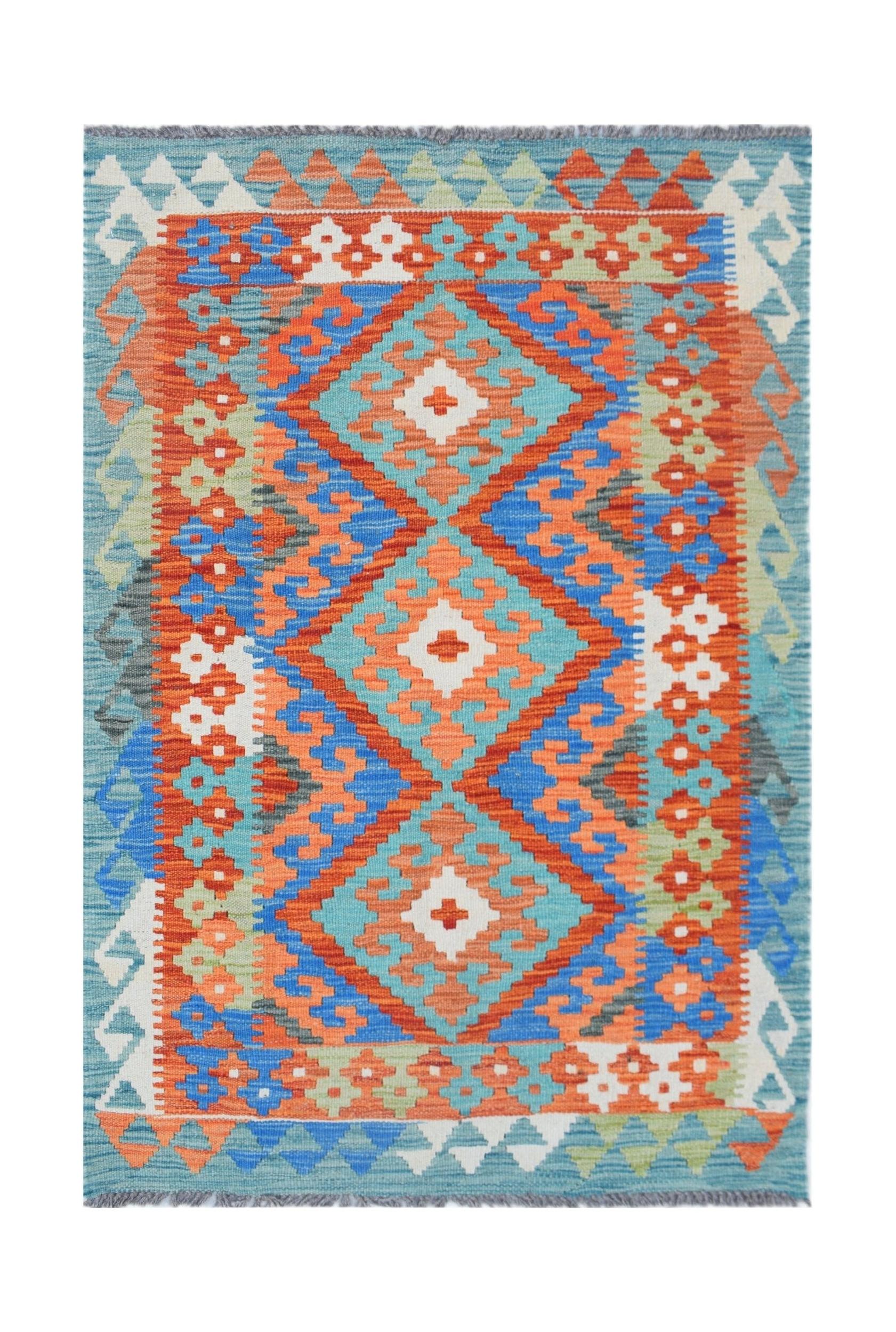 Handwoven Afghan Maimana kilim rug featuring a vibrant geometric diamond pattern in wool.