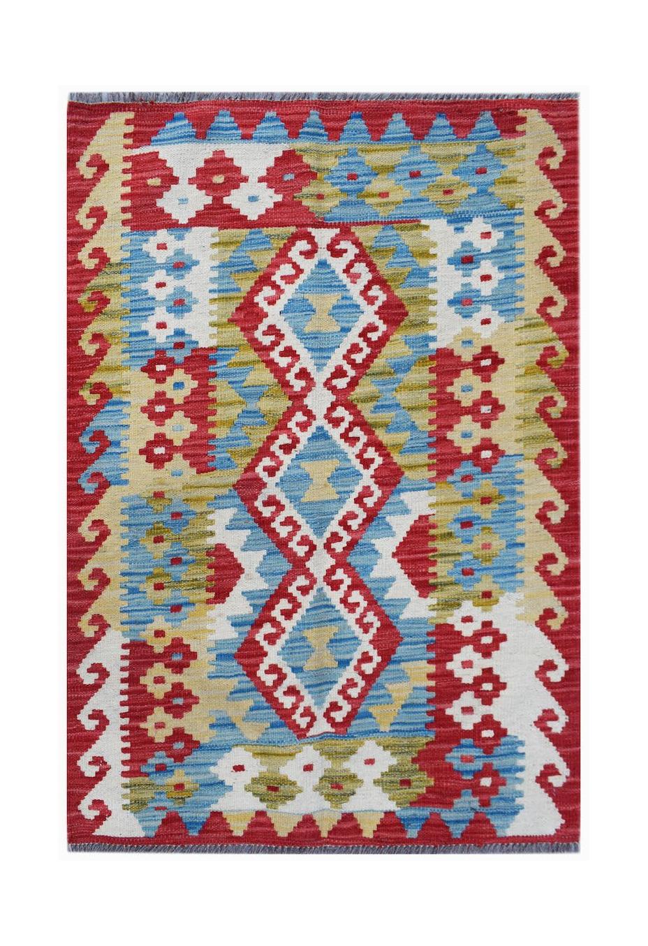 Handwoven Afghan Maimana wool kilim featuring a geometric pattern in red, blue, and cream.