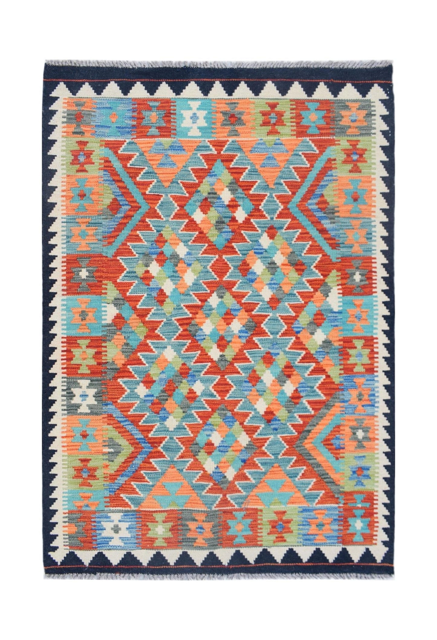 Handwoven Afghan Maimana kilim rug featuring a vibrant geometric pattern in wool.