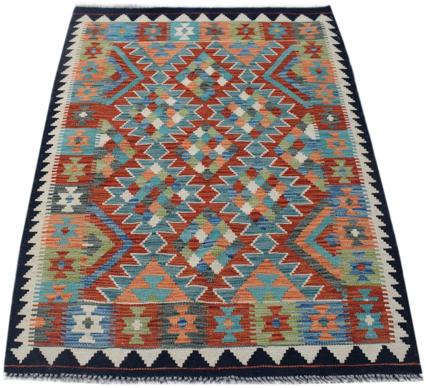 Handwoven Afghan Maimana kilim rug featuring a colorful geometric diamond pattern.