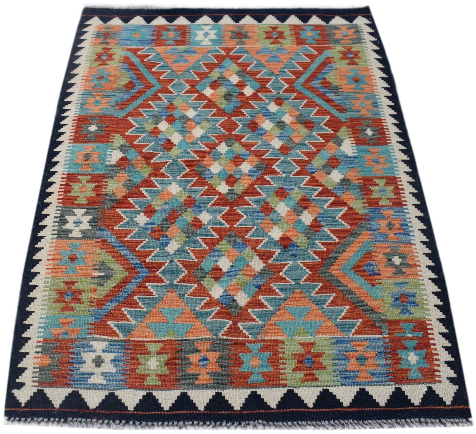 Handwoven Afghan Maimana kilim rug featuring a colorful geometric diamond pattern.