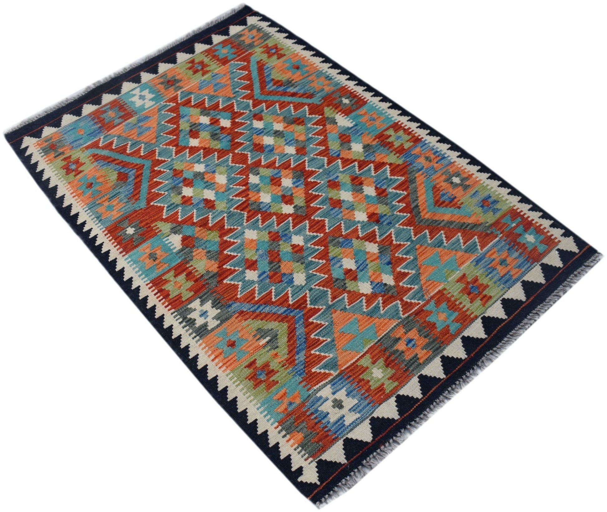 Handwoven Afghan Maimana kilim rug featuring a colorful geometric pattern and fringed edges.