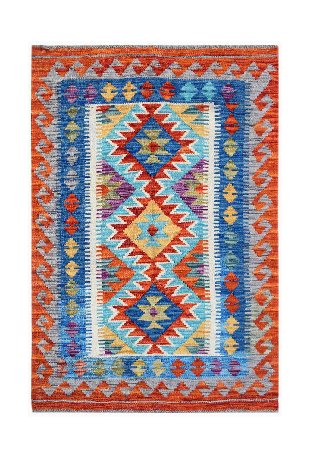 Handwoven Afghan Maimana kilim rug featuring a vibrant geometric pattern in wool.