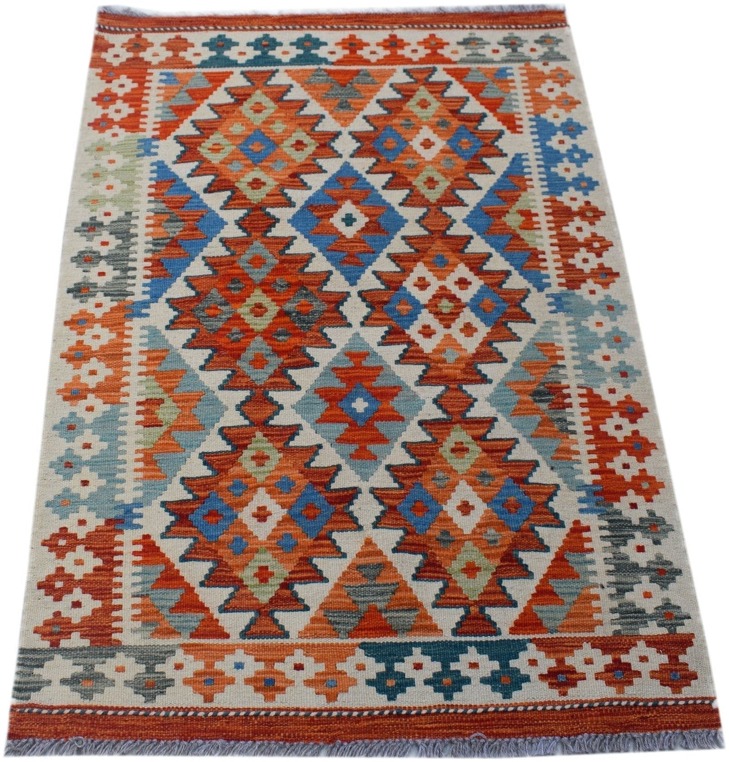 Handwoven Afghan Maimana kilim rug featuring a geometric diamond pattern in orange and blue.