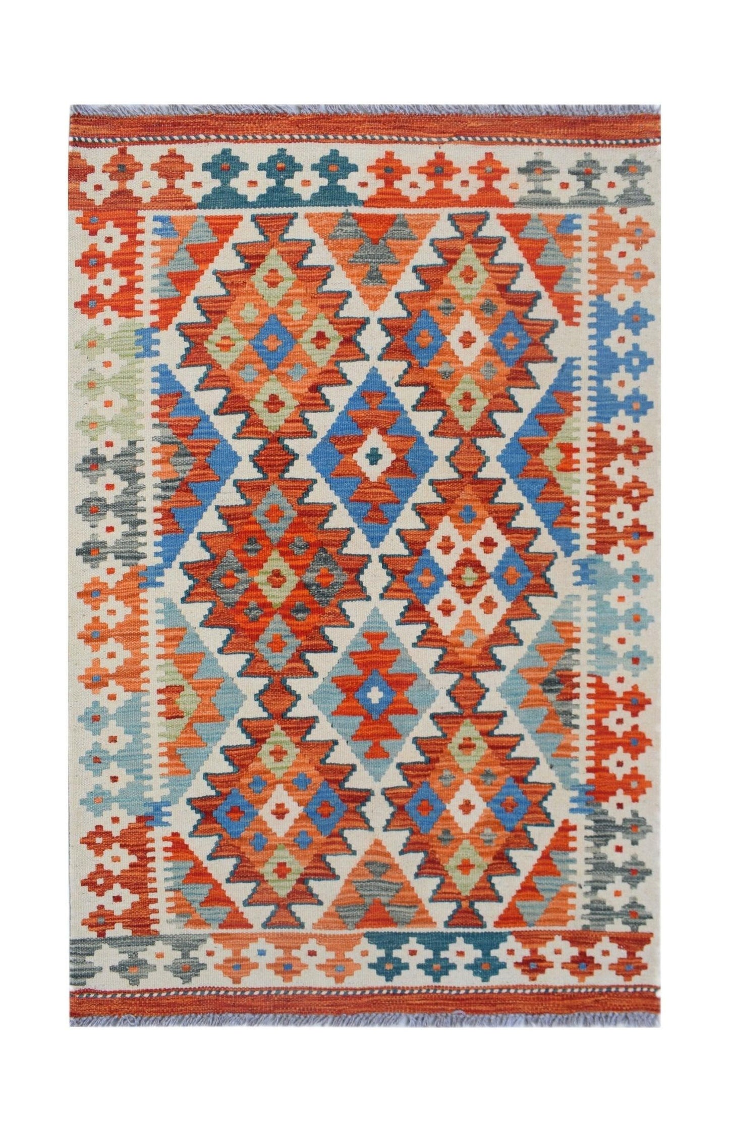 Handwoven Afghan Maimana kilim rug featuring a vibrant geometric diamond pattern in wool.
