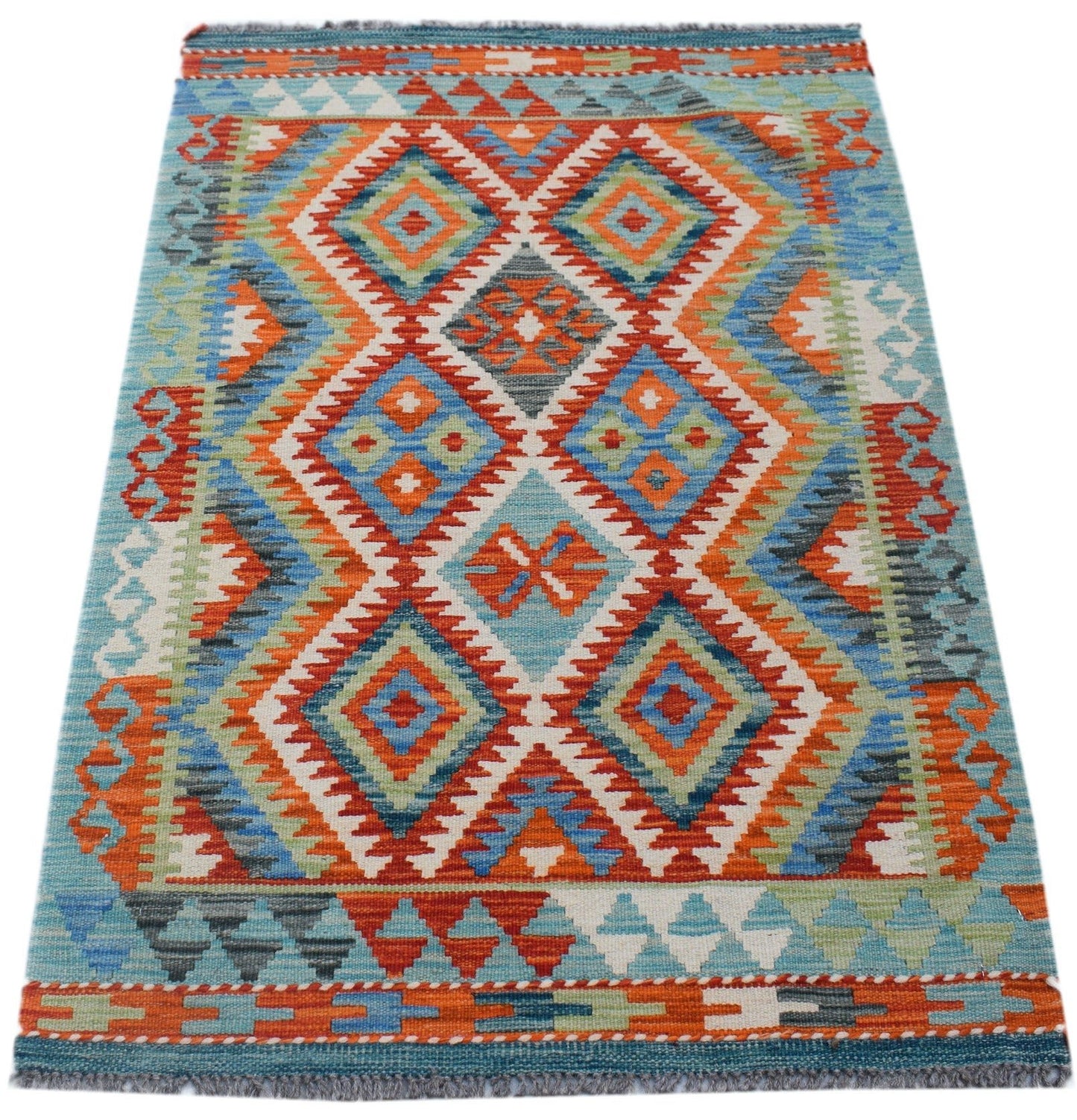 Handwoven Afghan Maimana kilim rug featuring a vibrant geometric diamond pattern in wool.