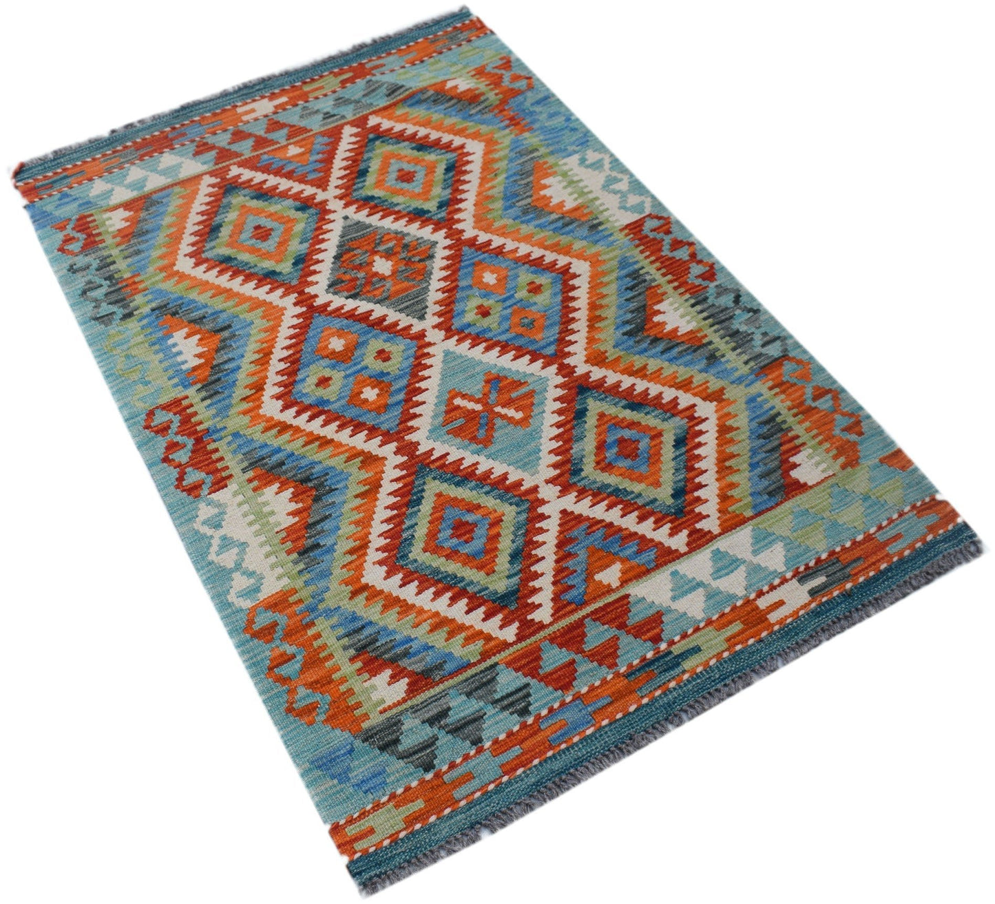 Handwoven Afghan Maimana kilim rug featuring a vibrant geometric diamond pattern in wool.