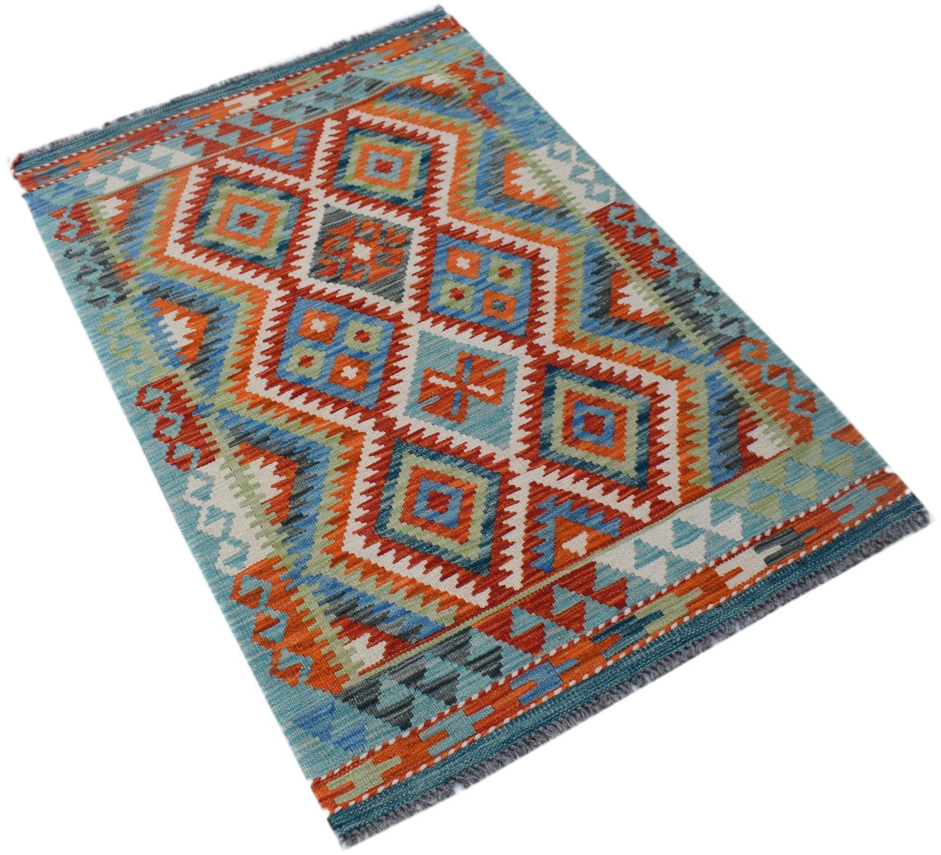 Handwoven Afghan Maimana kilim rug featuring a vibrant geometric diamond pattern in wool.