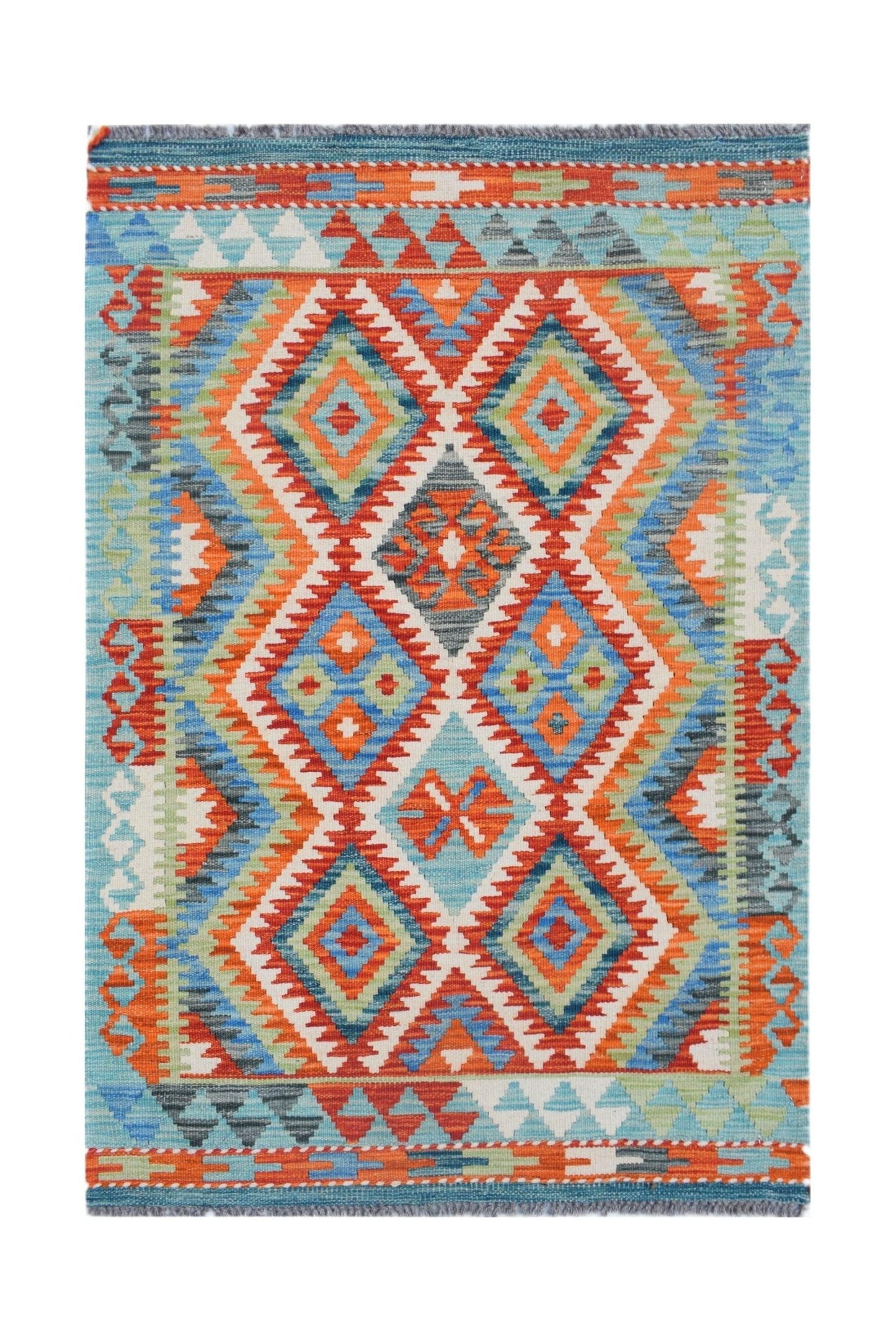 Handwoven Afghan Maimana kilim rug featuring a vibrant geometric pattern in blue, orange, and green.