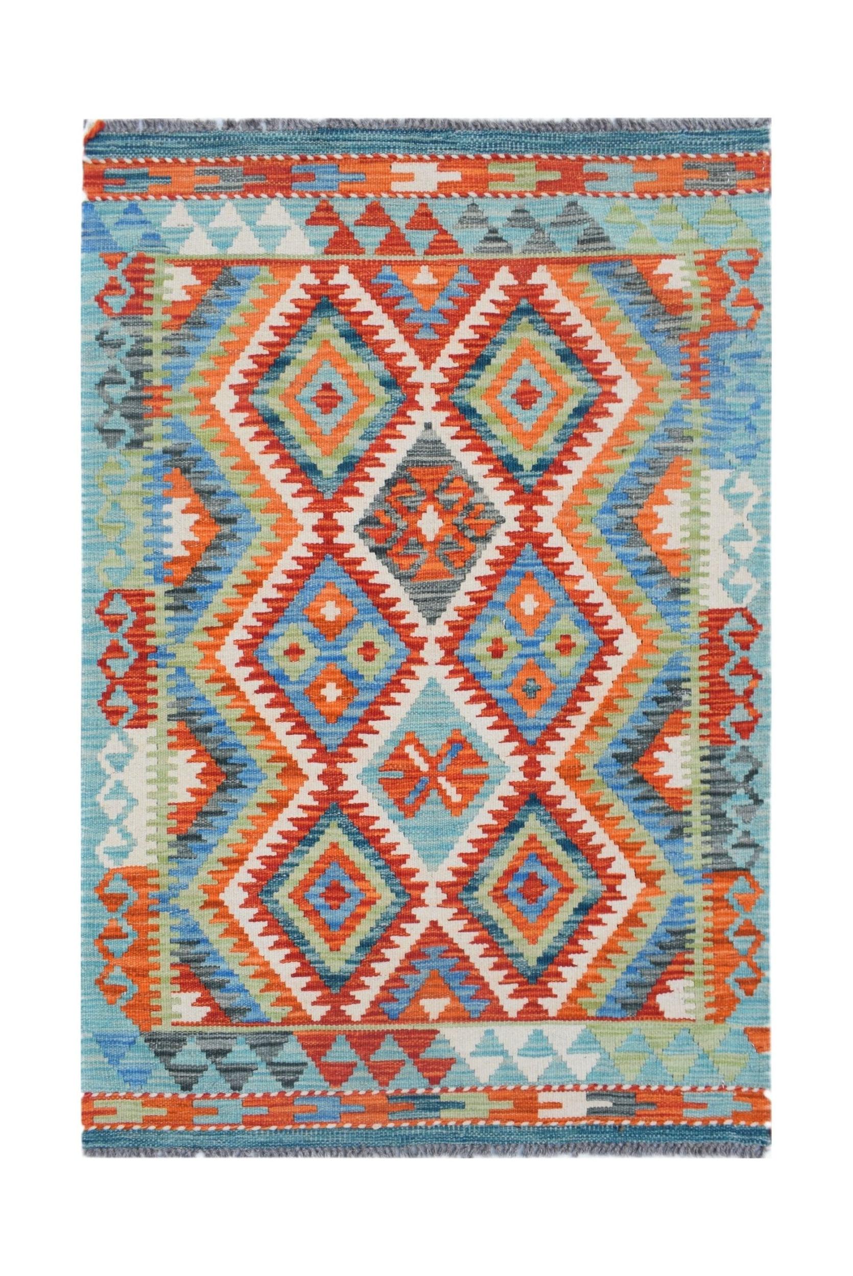 Handwoven Afghan Maimana kilim rug featuring a vibrant geometric pattern in blue, orange, and green.
