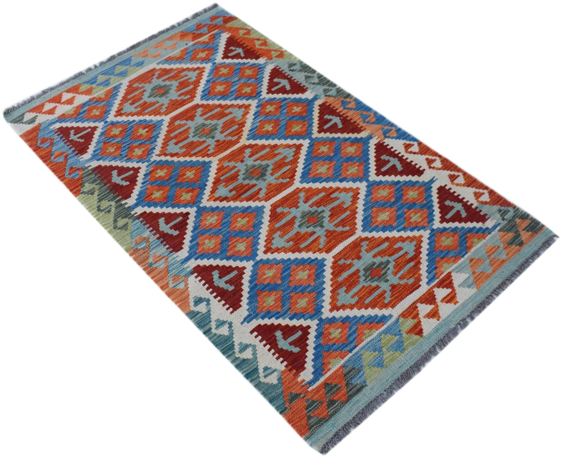 Handwoven Afghan Maimana kilim rug featuring a vibrant geometric pattern in wool.