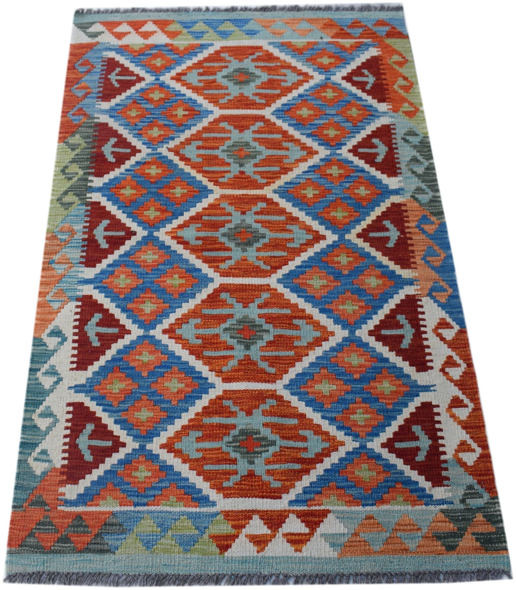 Handwoven Afghan Maimana kilim rug featuring a vibrant geometric diamond pattern in wool.
