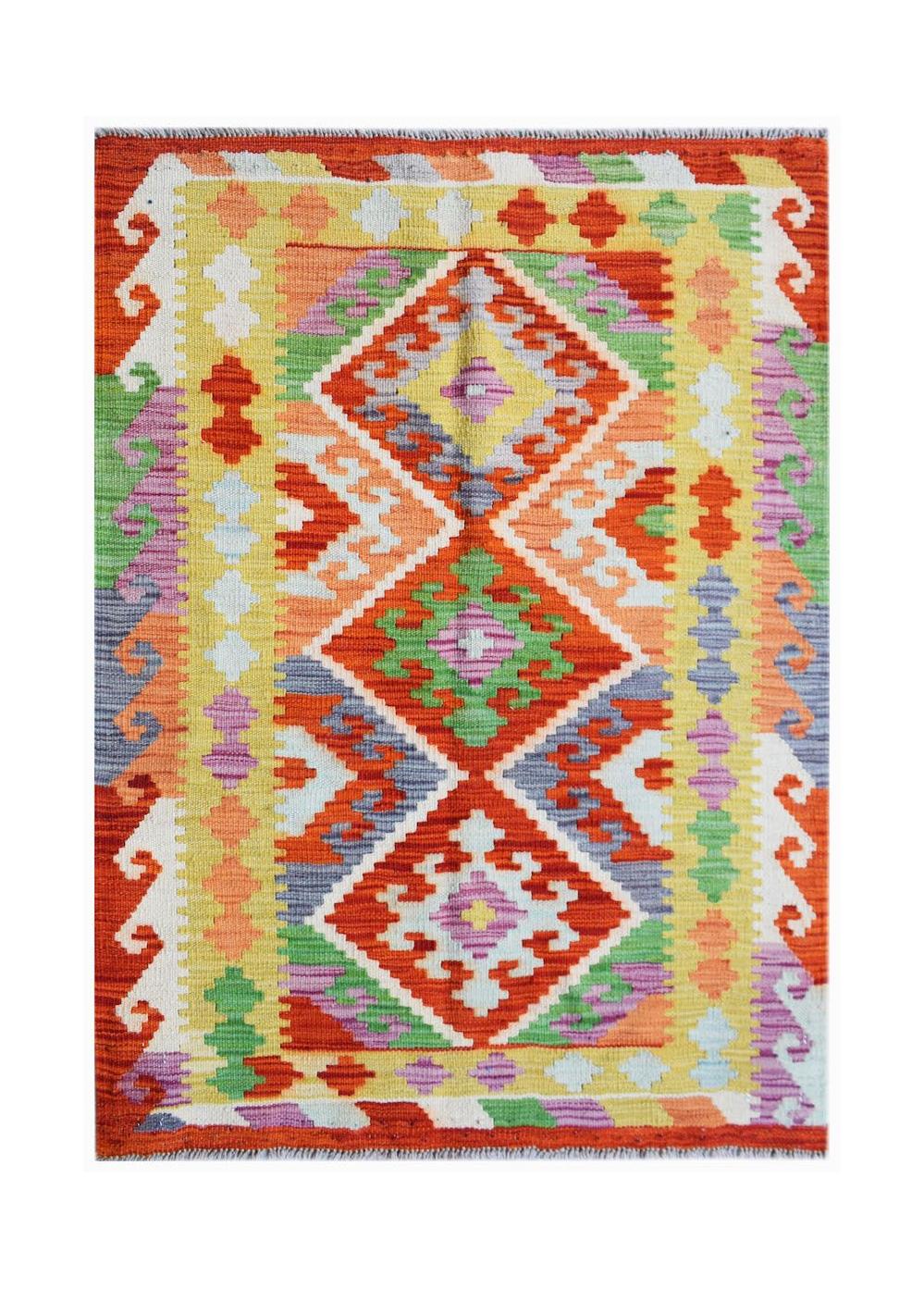 Handwoven Afghan Maimana kilim rug featuring a vibrant geometric diamond pattern in wool.