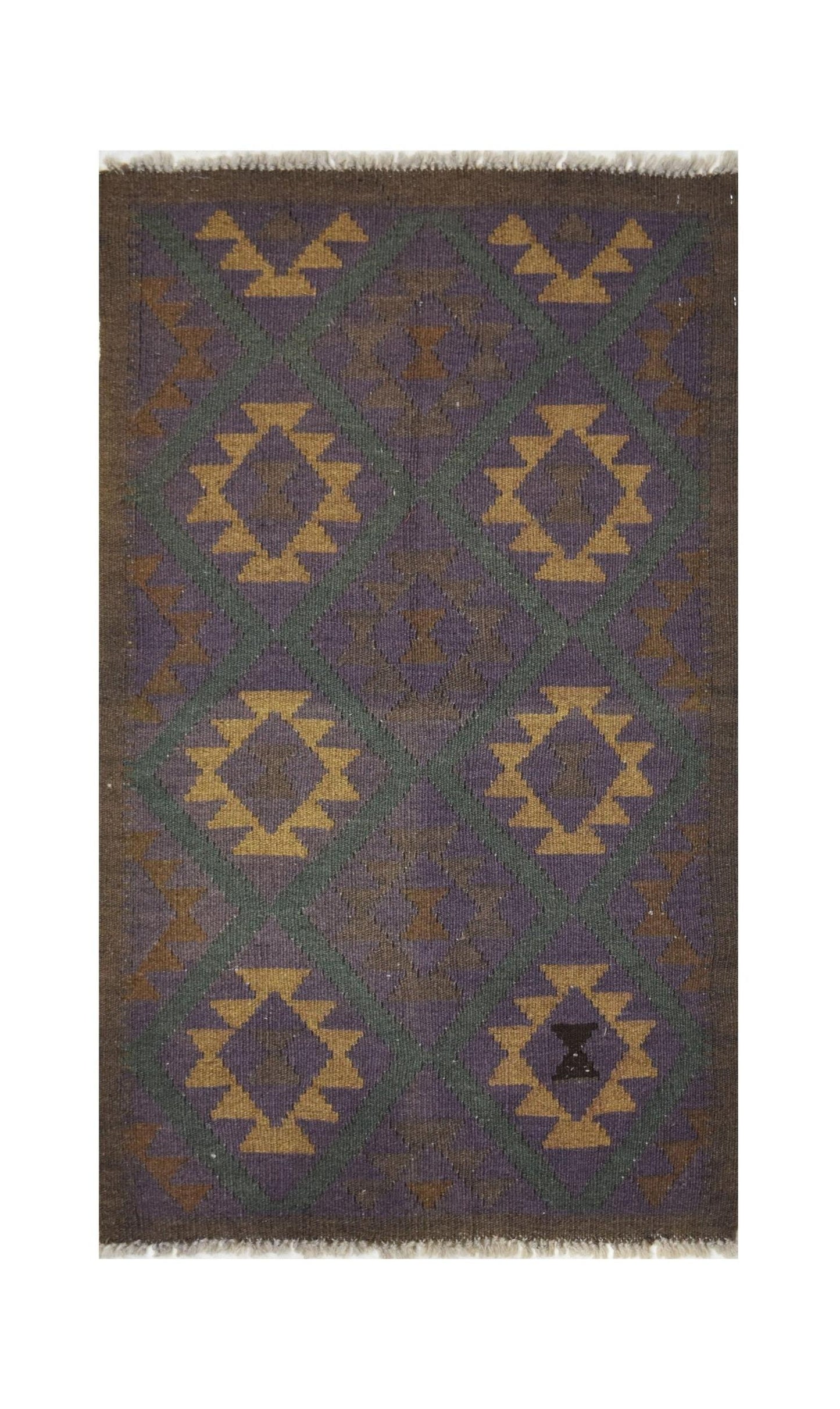 Handmade Afghan Maimana kilim rug featuring a geometric diamond pattern in purple, brown, and gold.