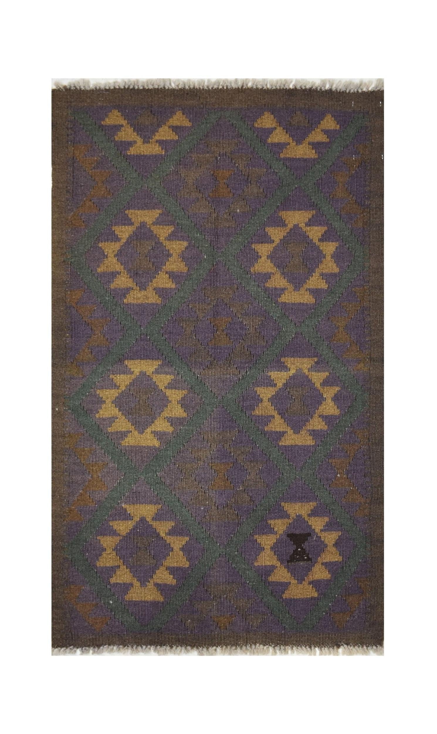 Handmade Afghan Maimana kilim rug featuring a geometric diamond pattern in purple, brown, and gold.