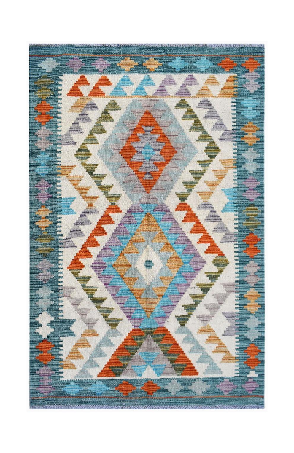Handwoven Afghan Maimana kilim rug featuring a geometric diamond pattern in vibrant colors.