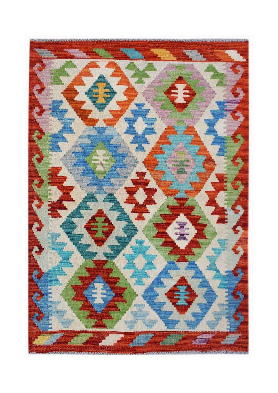 Handwoven Afghan Maimana kilim rug featuring a colorful geometric diamond pattern on wool.