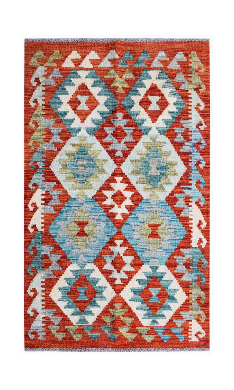 Handwoven Afghan Maimana kilim rug featuring a geometric diamond pattern in red, blue, and white.