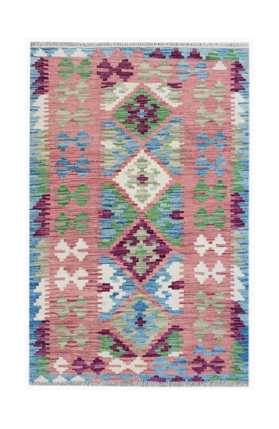 Handwoven Afghan Maimana kilim rug featuring a geometric pattern in pink, blue, green, and purple.