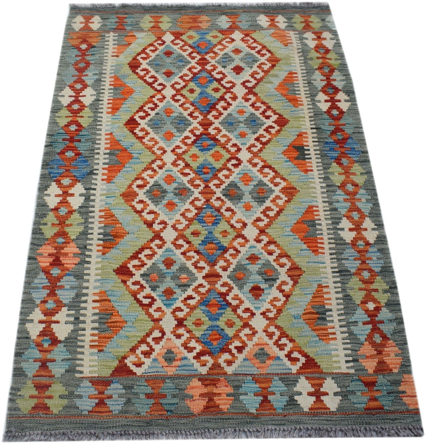 Handwoven Afghan Maimana kilim rug featuring a colorful geometric diamond pattern in wool.