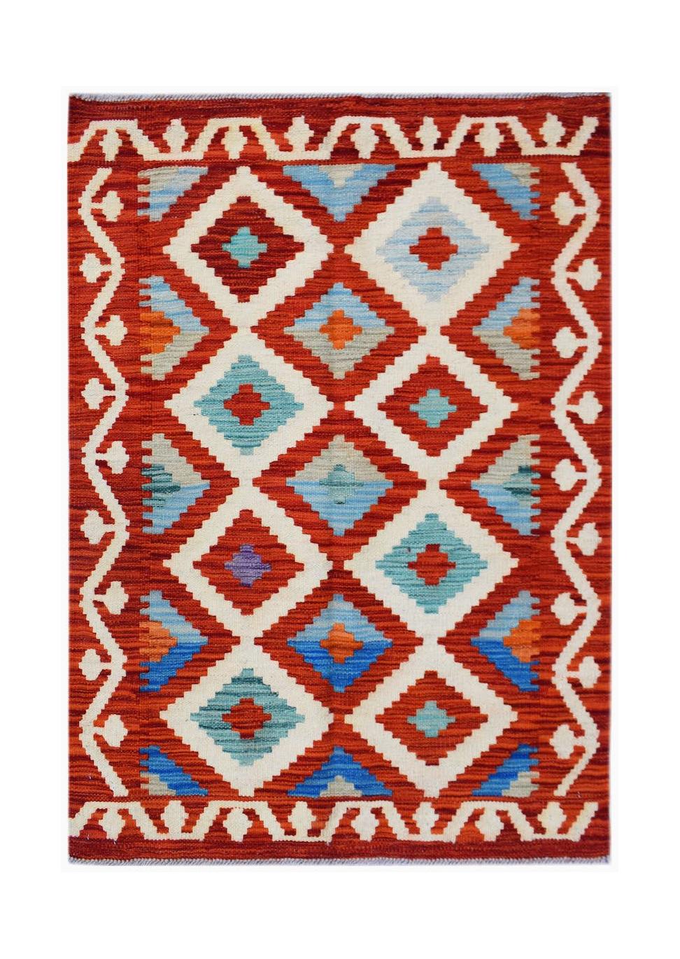 Handwoven Afghan Maimana kilim rug featuring a geometric diamond pattern in red, blue, and white.