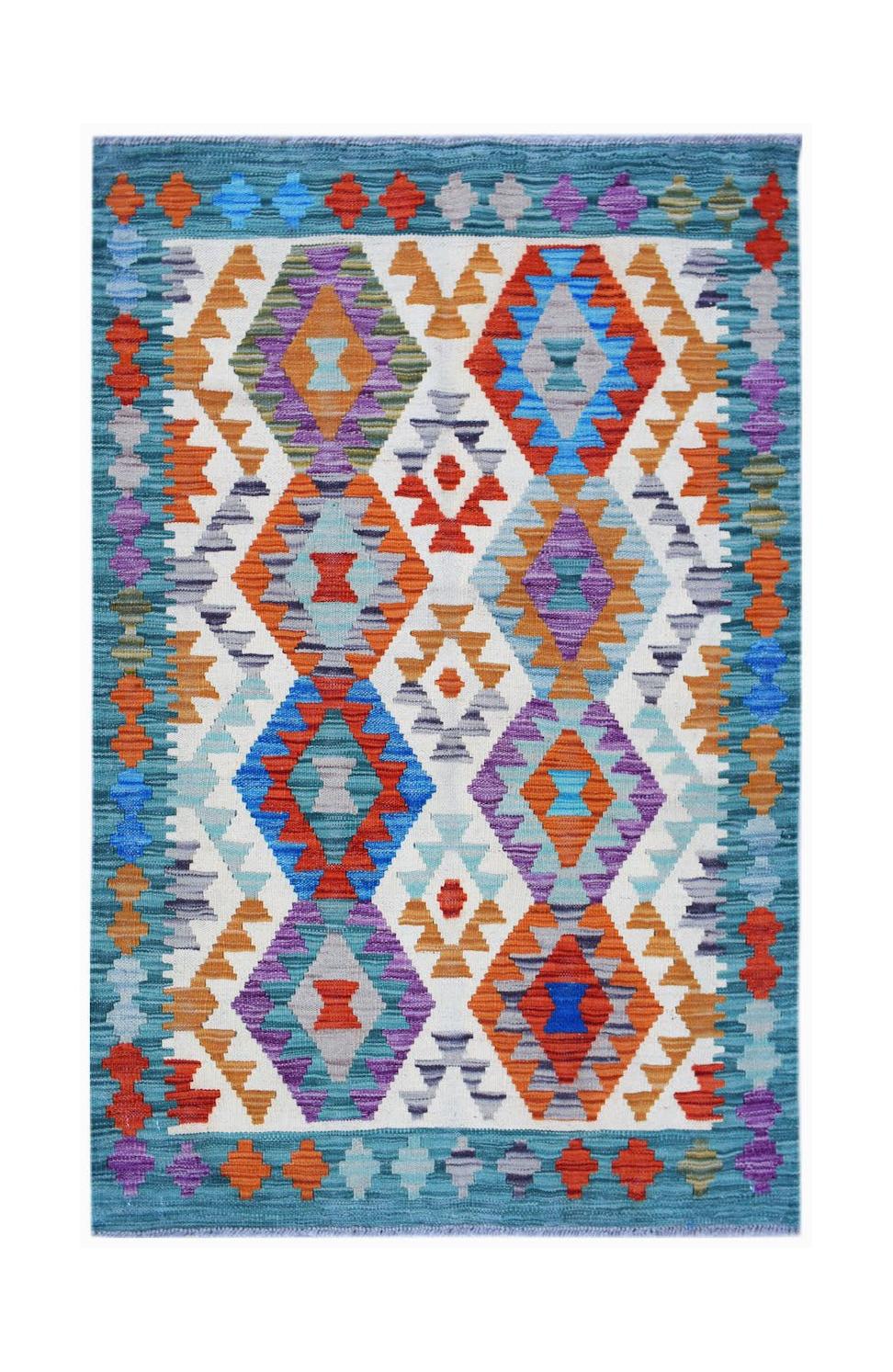 Handwoven Afghan Maimana wool kilim featuring a vibrant geometric diamond pattern.