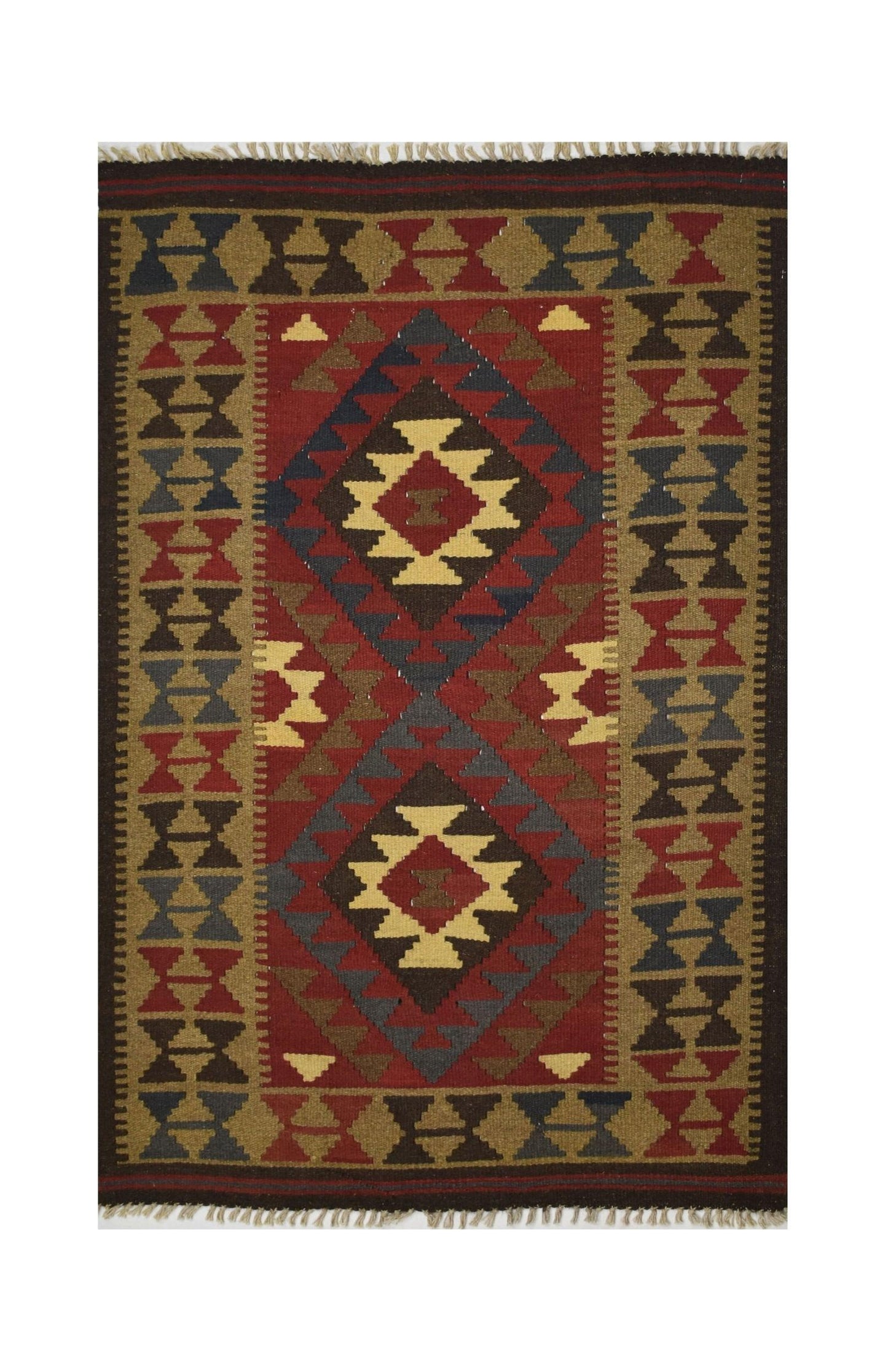Handmade Afghan Maimana kilim rug featuring a geometric diamond pattern in red, blue, and tan.