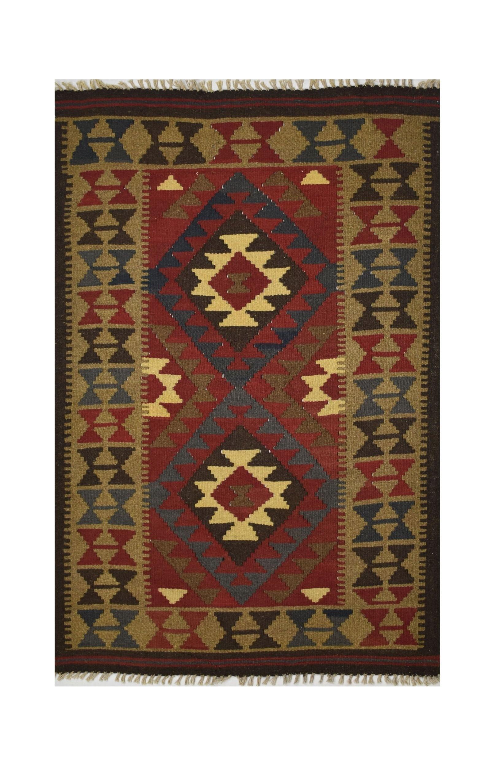 Handmade Afghan Maimana kilim rug featuring a geometric diamond pattern in red, blue, and tan.