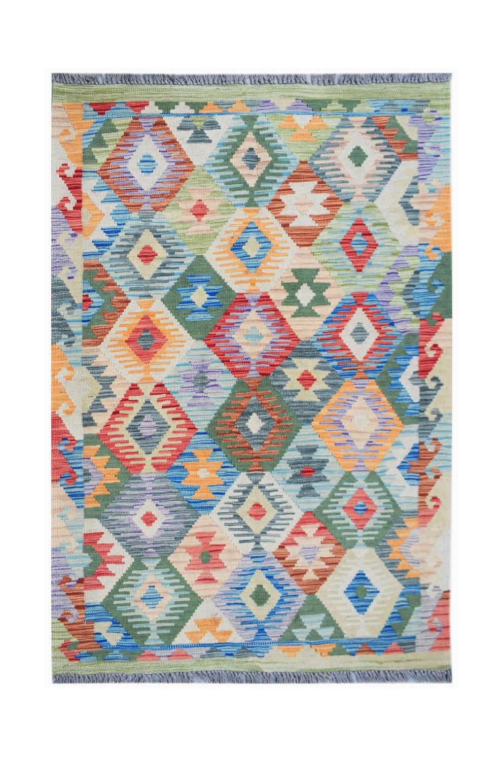 Handwoven Afghan Maimana kilim rug featuring a colorful geometric diamond pattern in wool.