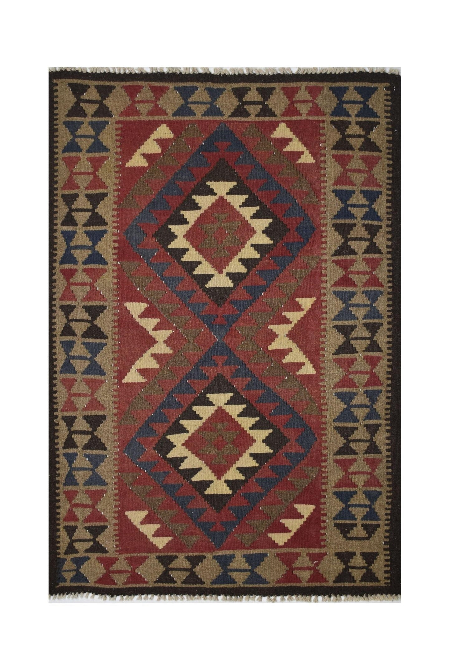 Handmade Afghan Maimana kilim rug featuring a geometric diamond pattern in red, blue, and tan.