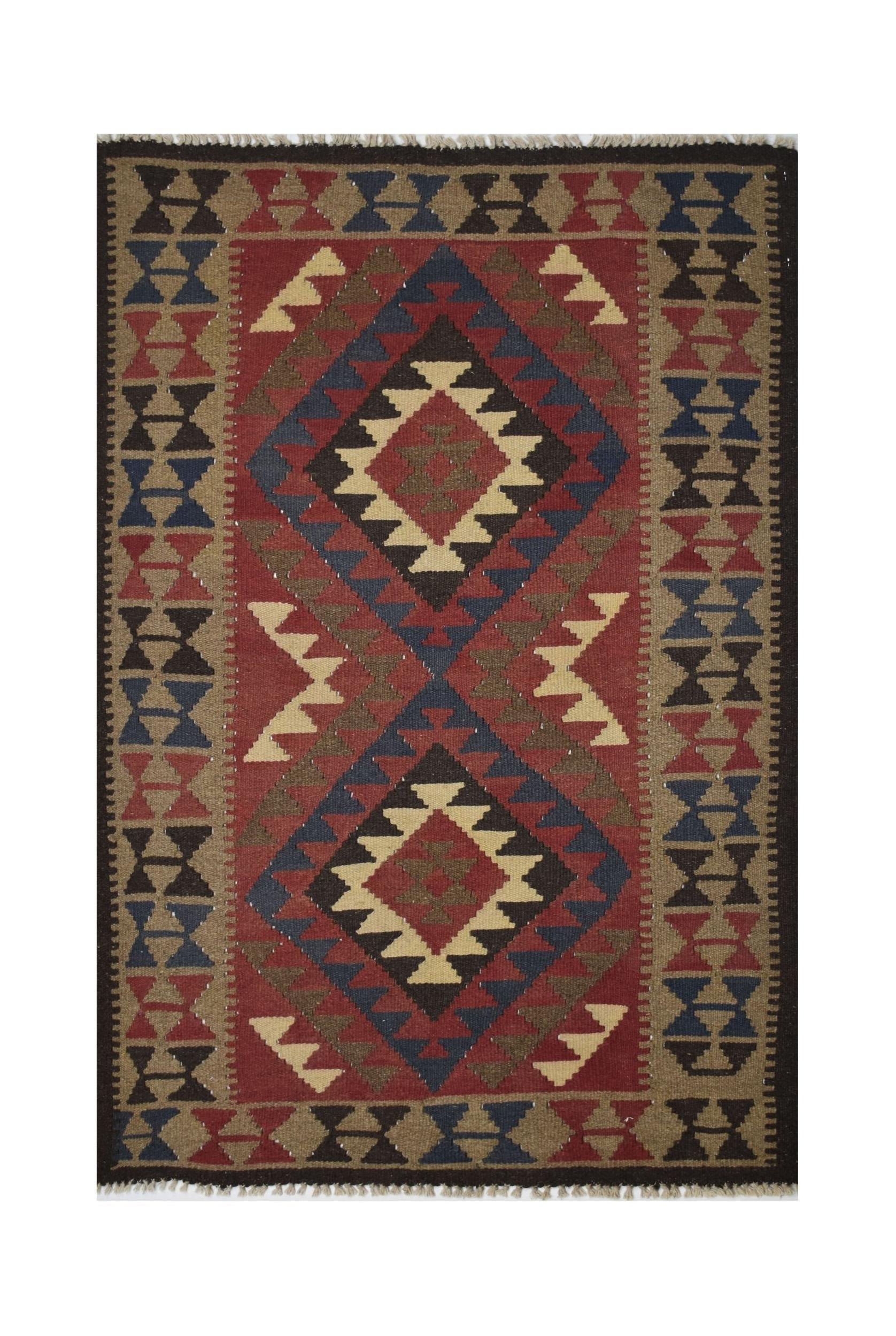 Handmade Afghan Maimana kilim rug featuring a geometric diamond pattern in red, blue, and tan.