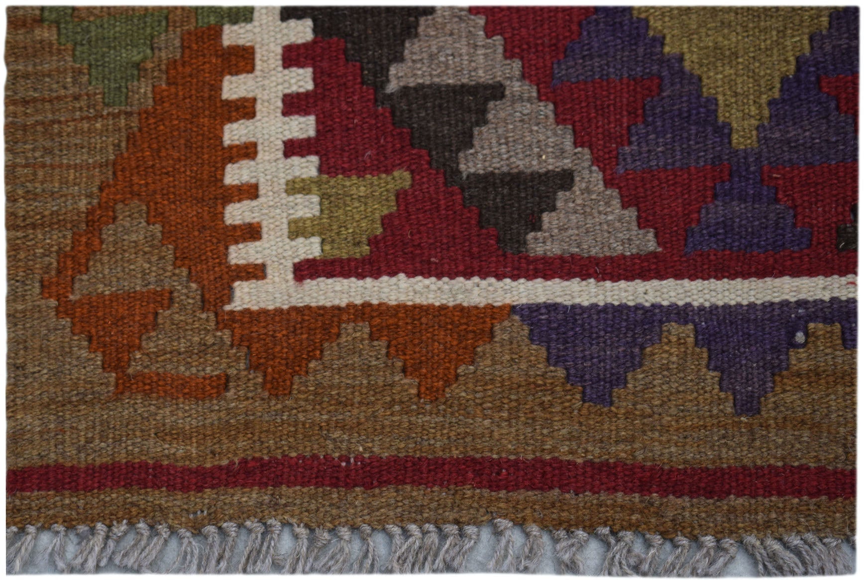 Handwoven Afghan Maimana kilim rug featuring geometric patterns in earthy tones and purple.