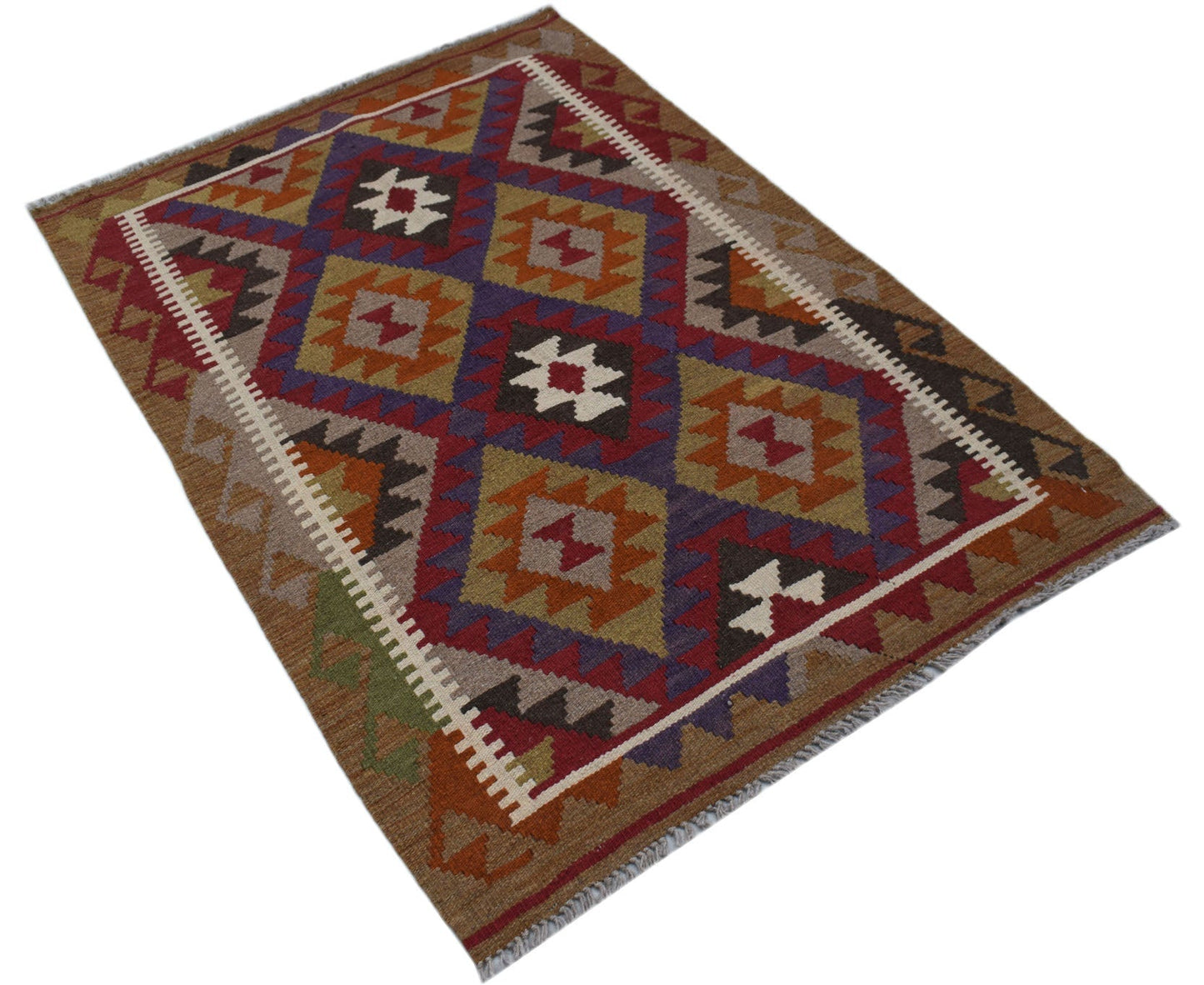Handmade Afghan Maimana kilim rug featuring a geometric diamond pattern in earthy tones.
