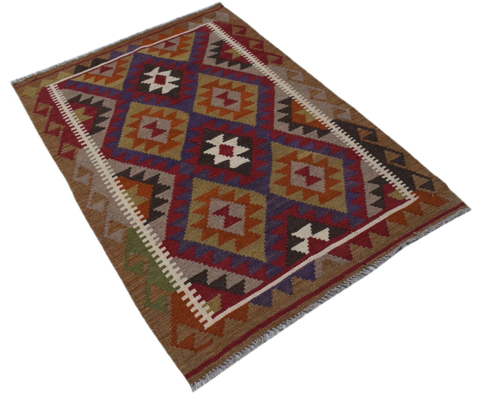 Handmade Afghan Maimana kilim rug featuring a geometric diamond pattern in earthy tones.