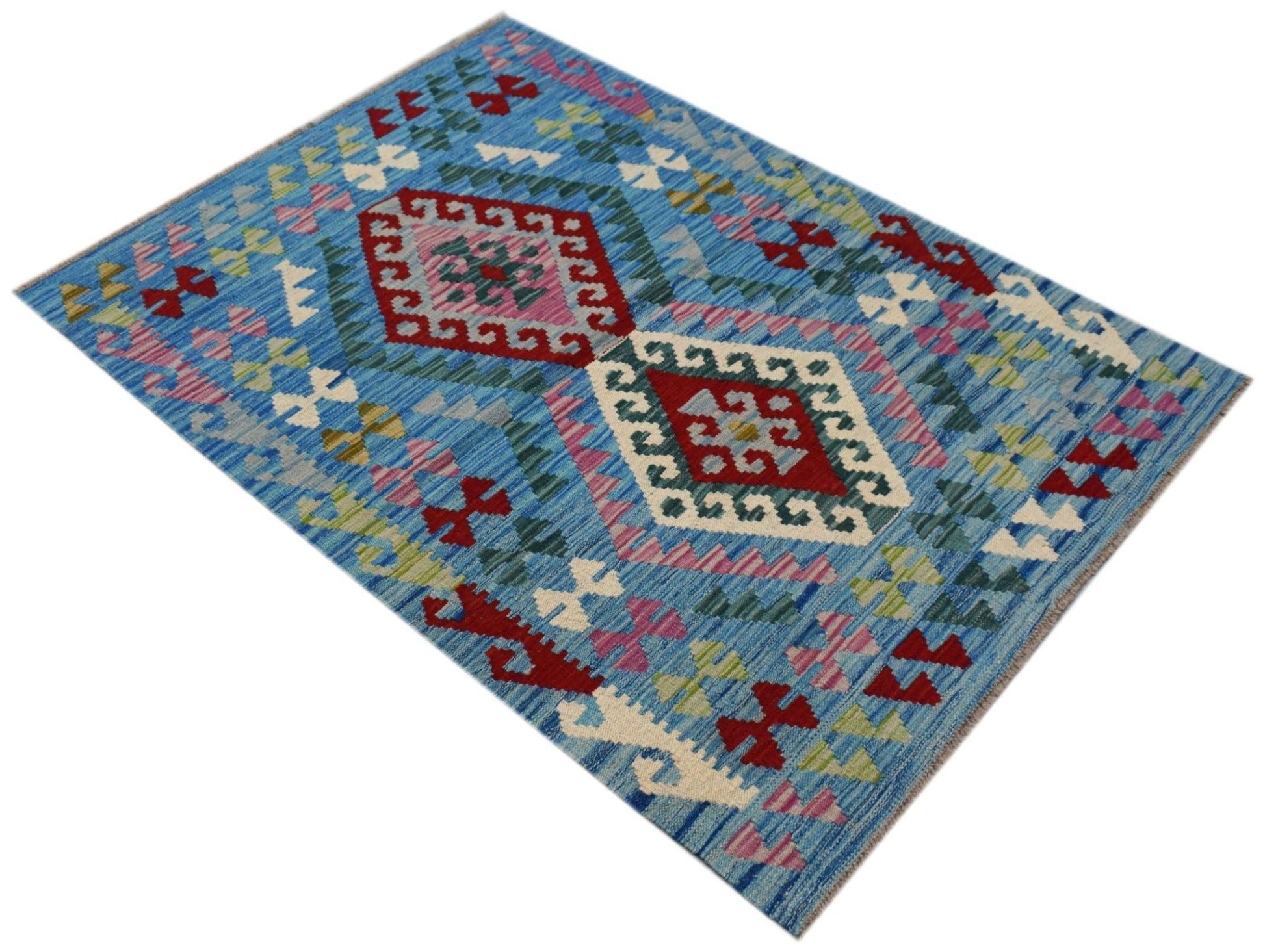 Handwoven Afghan Maimana kilim rug featuring geometric diamond patterns in blue, red, and white.